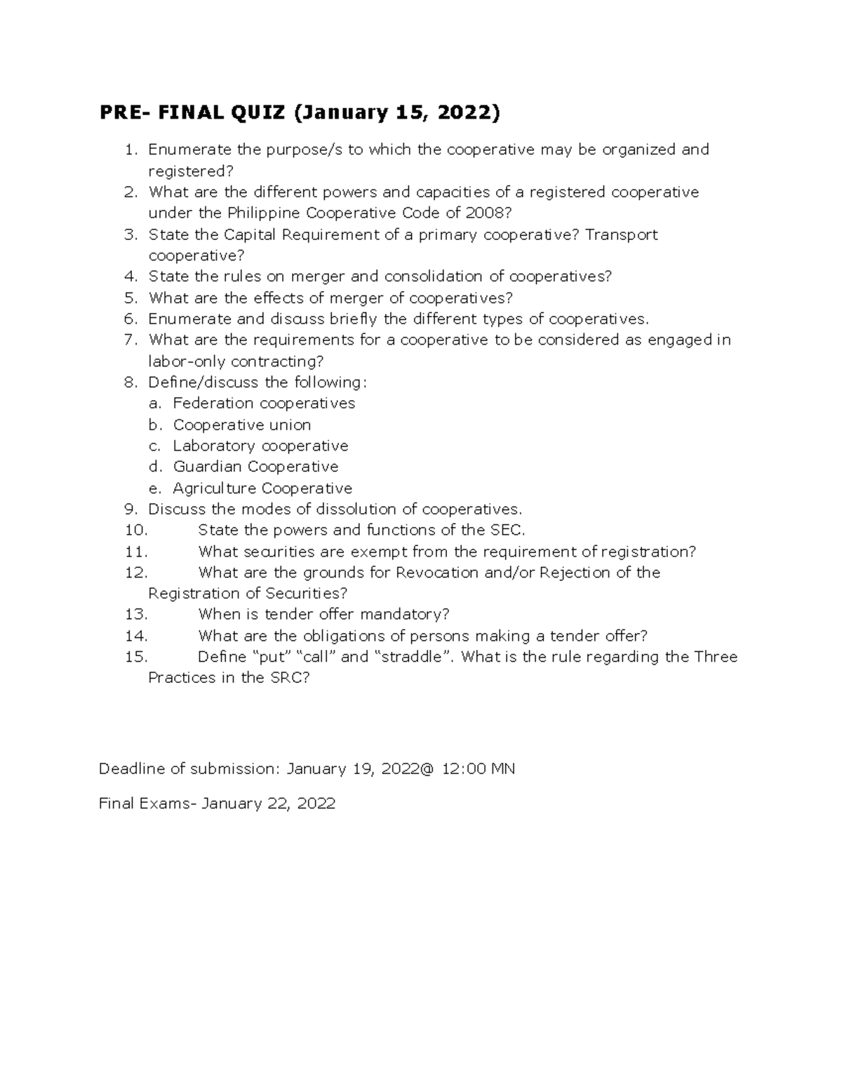 Pre Final Quiz January 15 2022 - PRE- FINAL QUIZ (January 15, 2022 ...