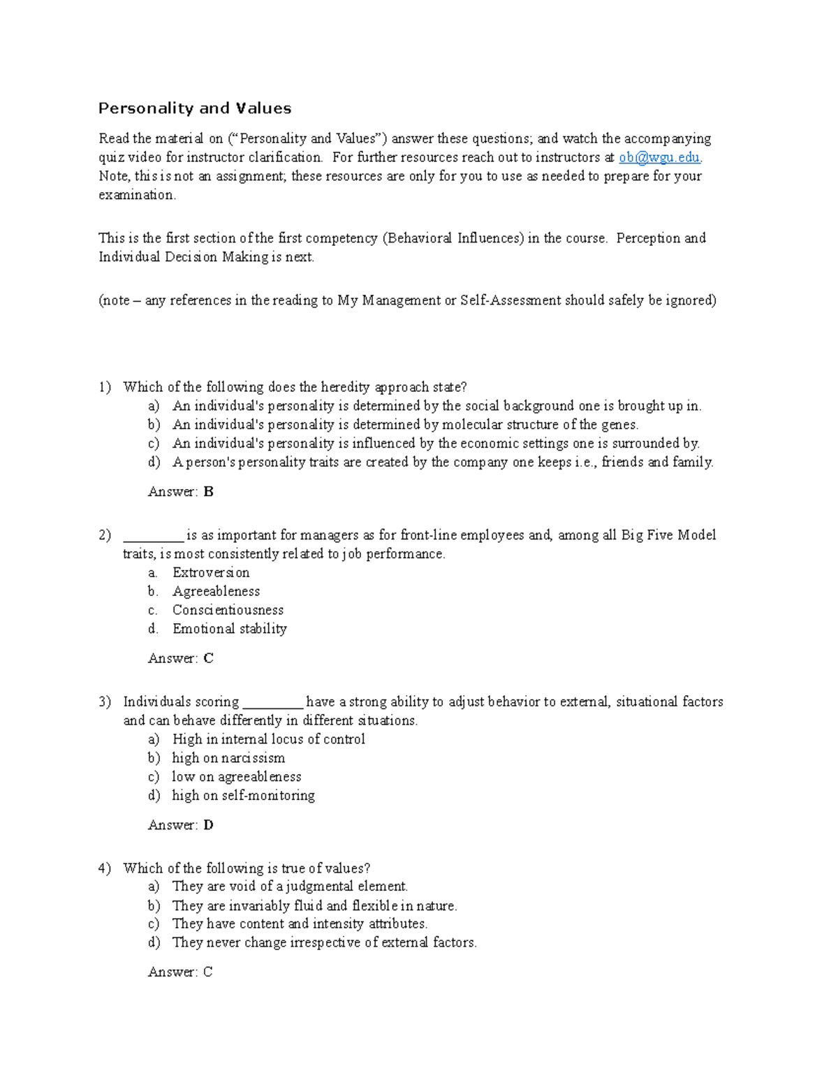 Pesonality and values multiple choice questions - Personality and ...