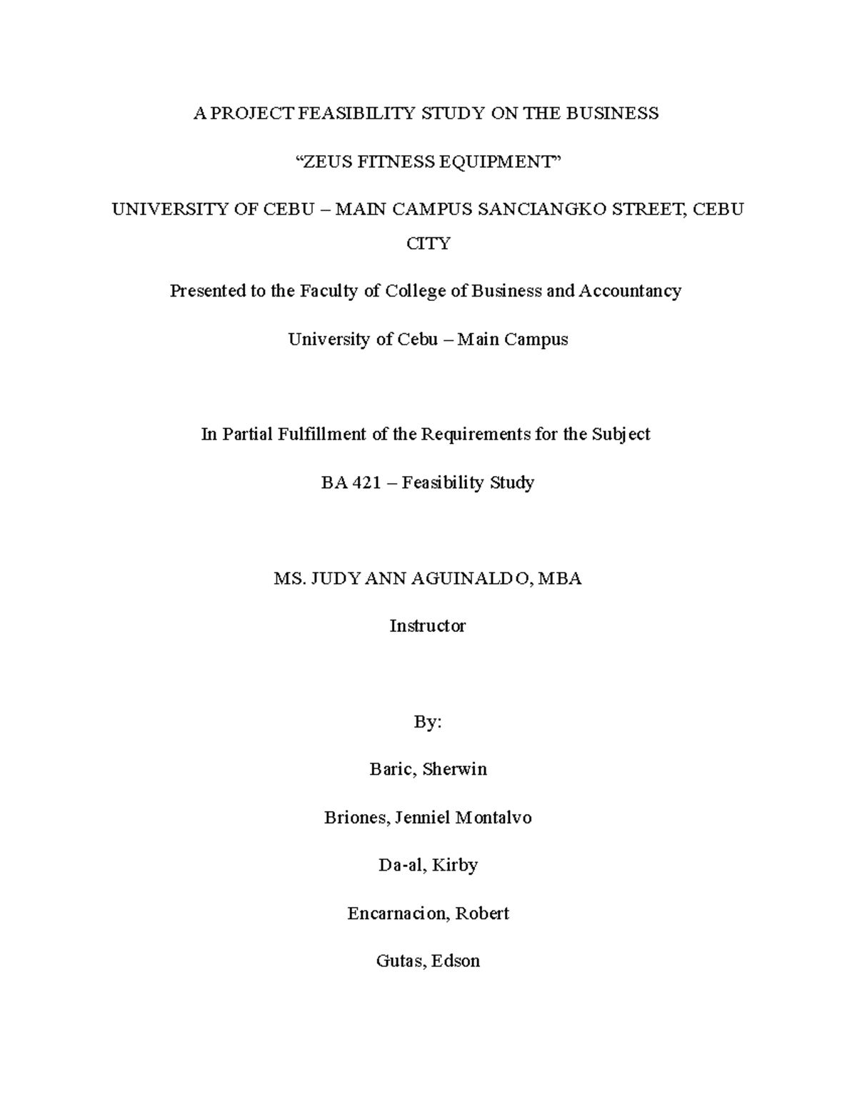 Zeus Fitness Feasibility Study - business administration - UV - Studocu