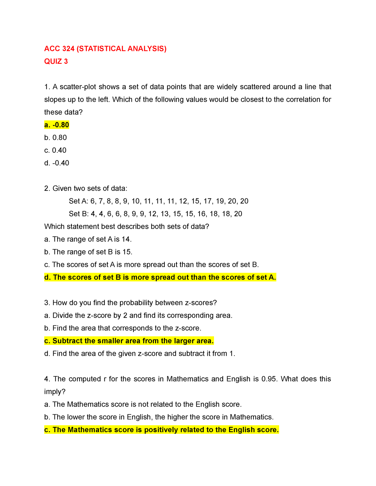 ACC 324 ( Statistical Analysis) - Quiz 3 - ACC 324 (STATISTICAL ...