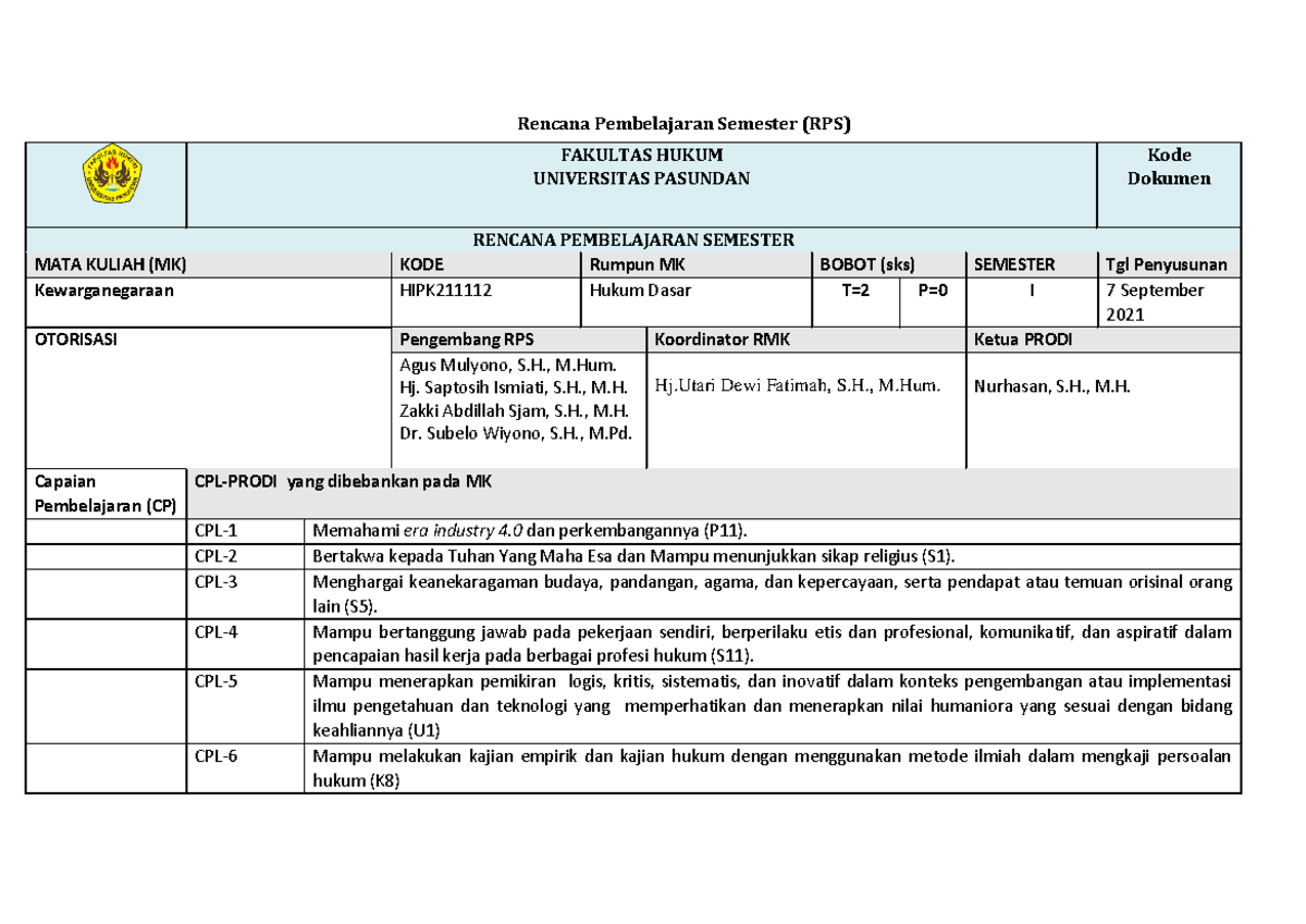 RPS Kewarganegaraan - Rencana Pembelajaran Semester (RPS) FAKULTAS ...