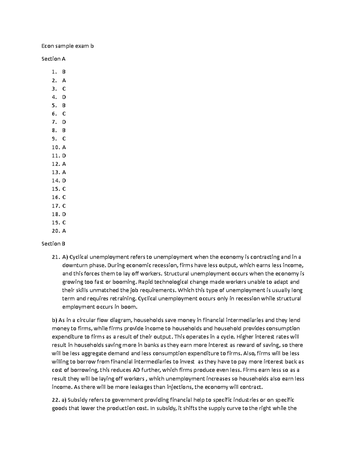 Practice Exam B - Econ Sample Exam B Section A 1. B 2. A 3. C 4. D 5. B ...