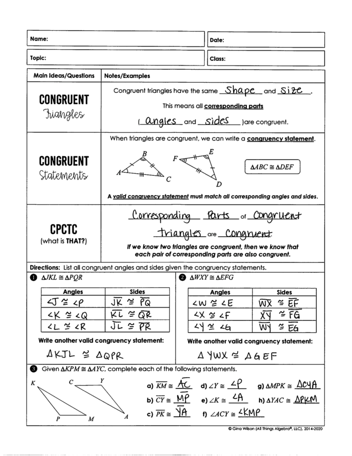 Intro to Congruent Triangles Notes KEY AGG 2004 Studocu