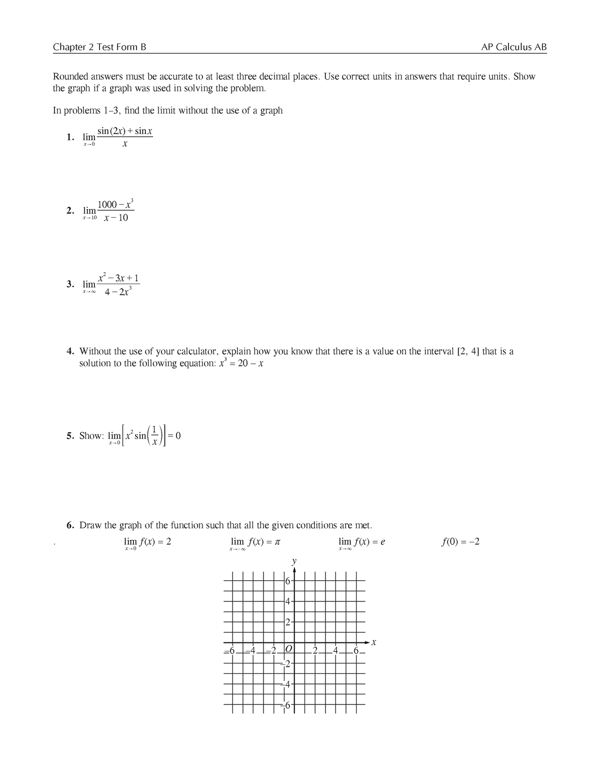 Ch 2 Form B - Practice Test - Chapter 2 Test Form B AP Calculus AB ...