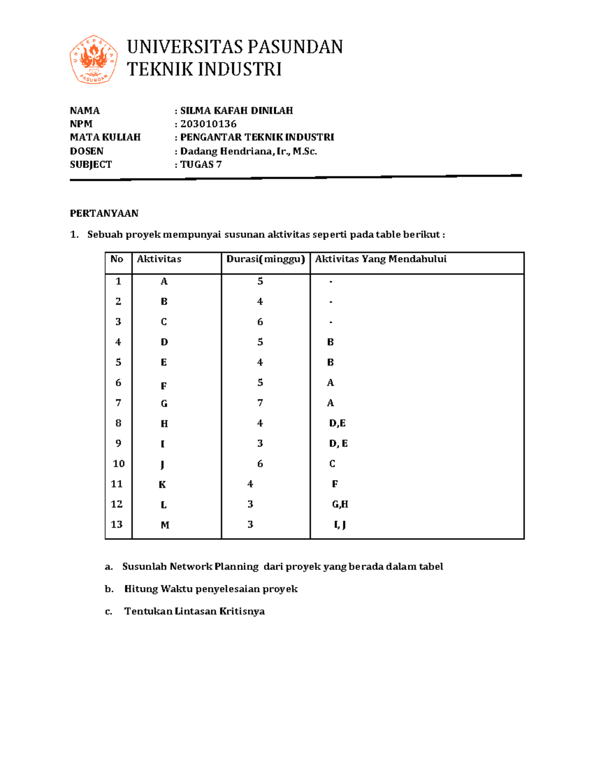 Tugas Pengenalan Teknik Industri Universitas Pasundan Teknik Industri Nama Silma Kafah
