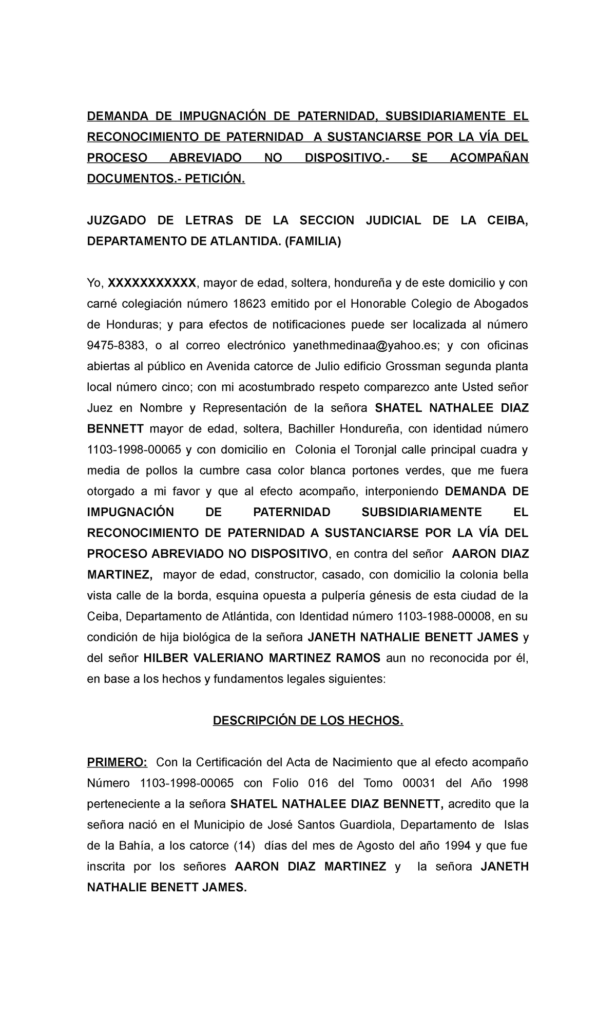 Impugnacion De Paternidad - DEMANDA DE IMPUGNACIÓN DE PATERNIDAD ...