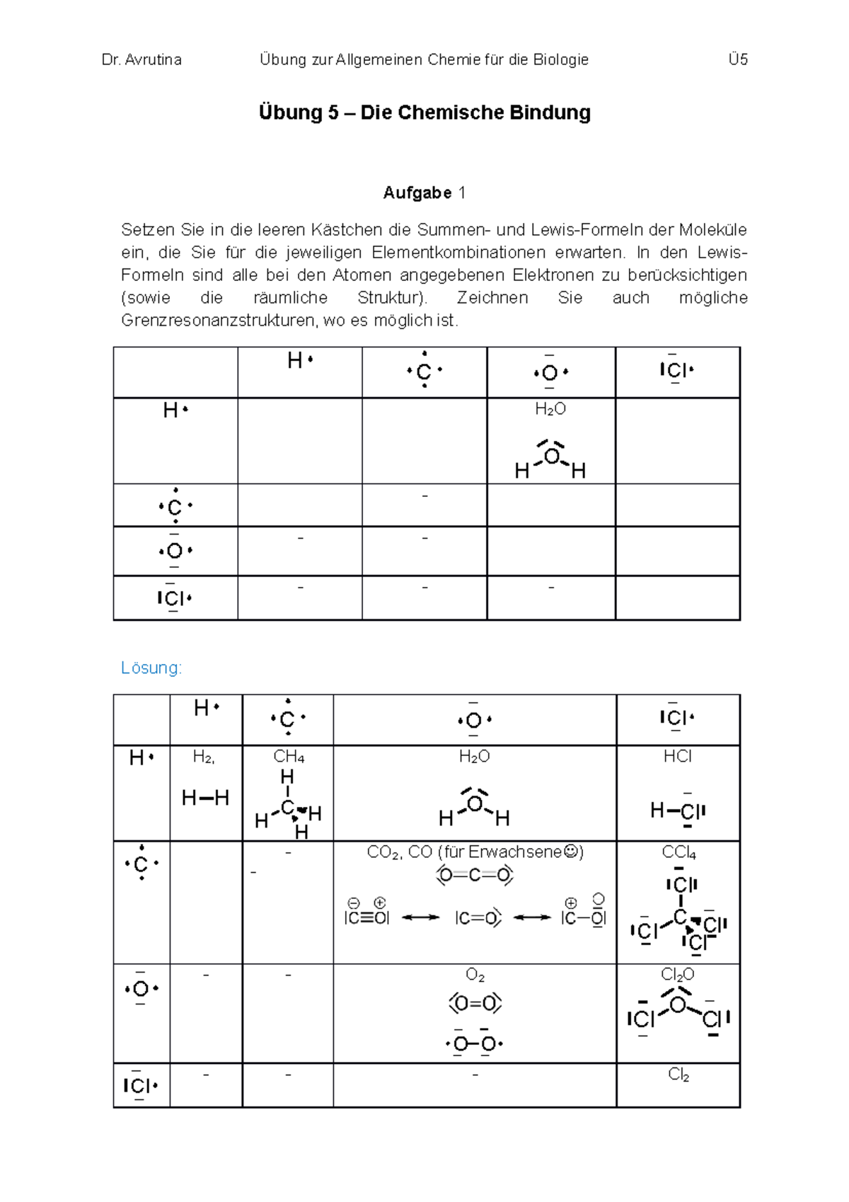 Übung 05 Chemie Für Biologen - Übung 5 – Die Chemische Bindung Aufgabe ...