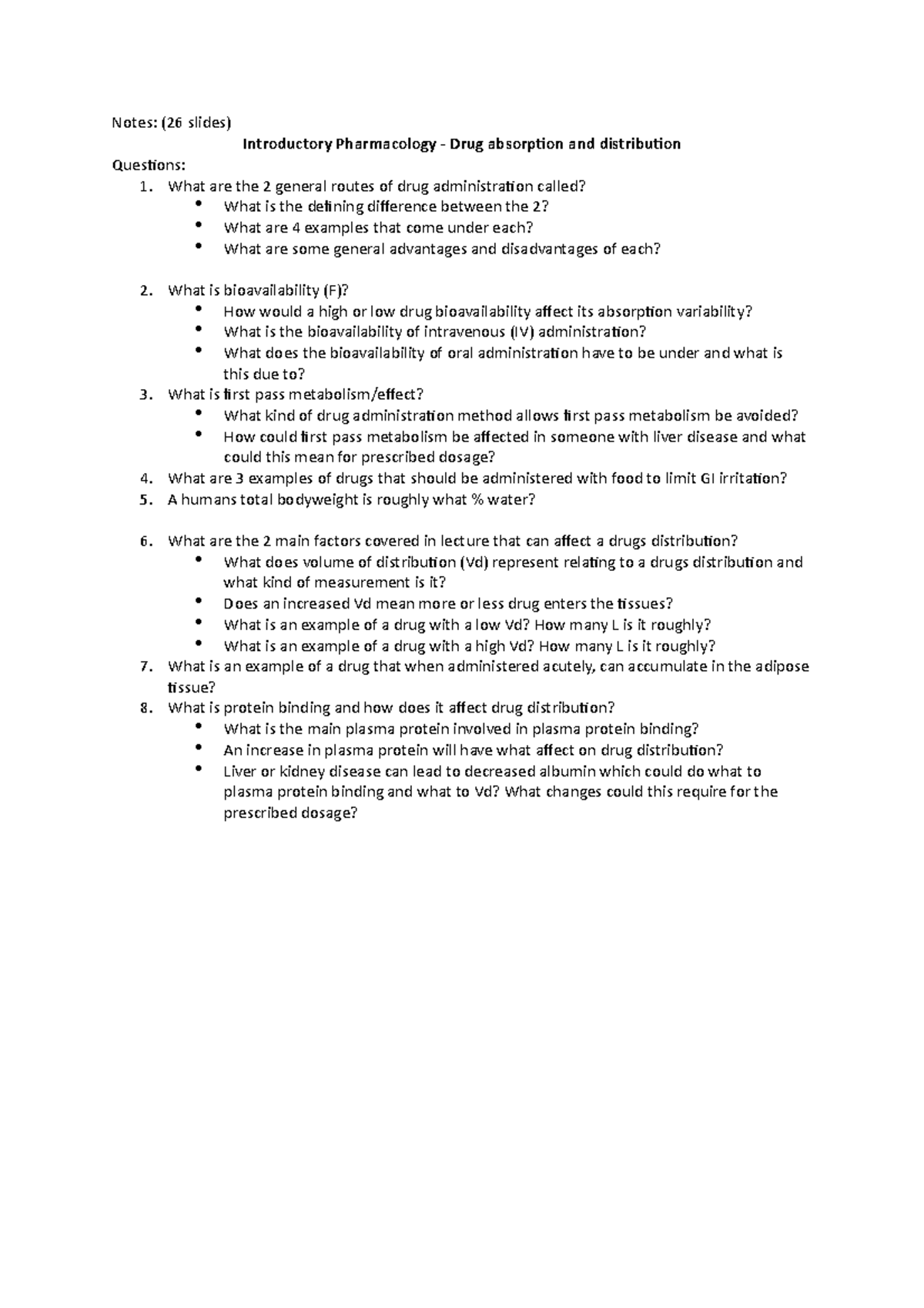 Introductory Pharmacology Drug absorption and distribution Questions