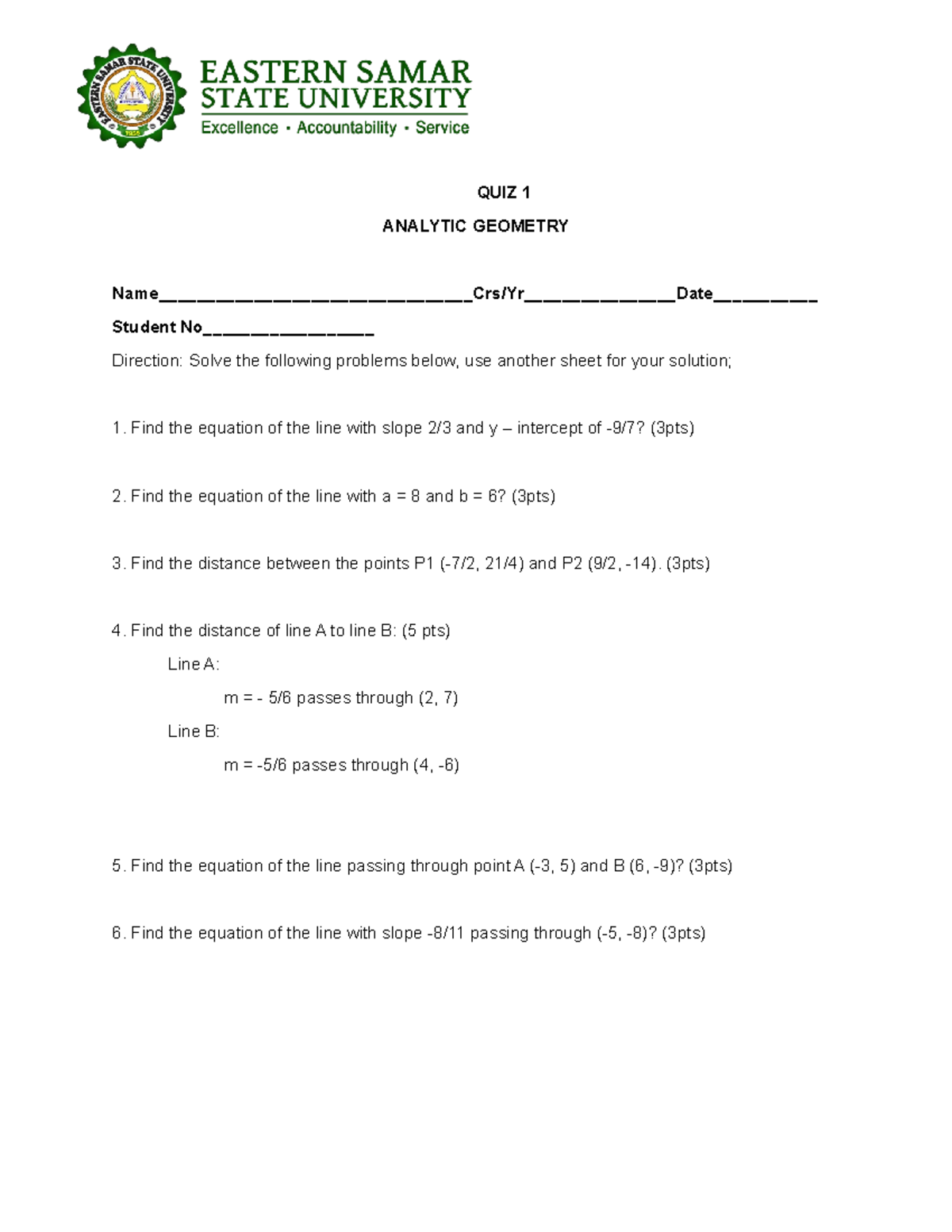 QUIZ 1 Analytic Geometry - QUIZ 1 ANALYTIC GEOMETRY - Studocu