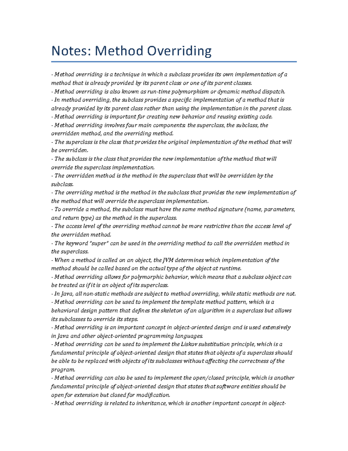 Lecture Notes - Method Overriding - Notes: Method Overriding Method ...