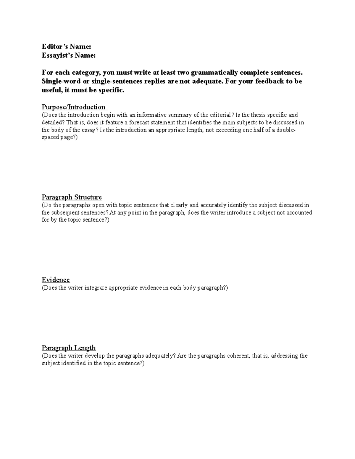 2101 Essay 1 Peer Review Form 3 - Editor’s Name: Essayist’s Name: For ...