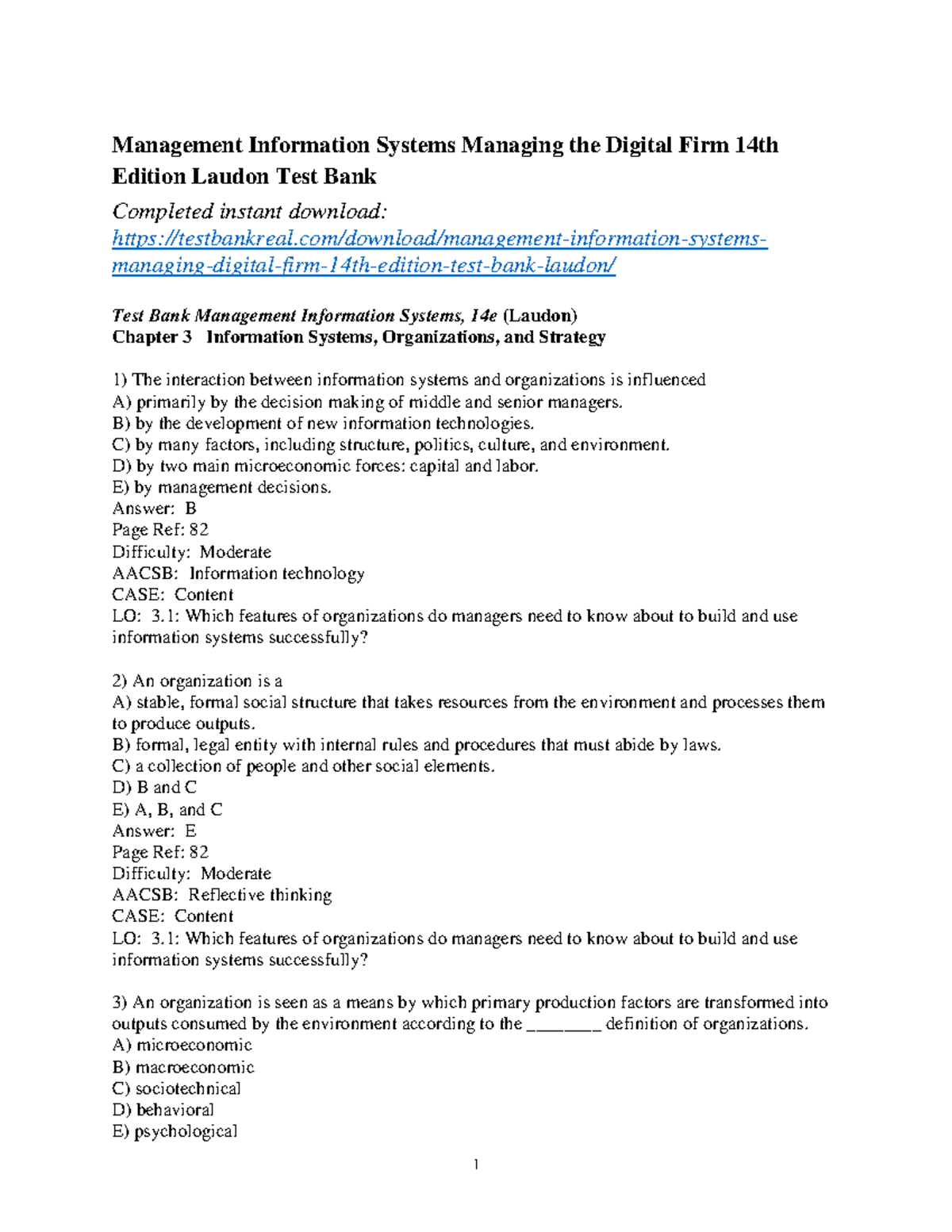 Test Bank Management Information Systems, 14e (Laudon) Chapter 3 ...