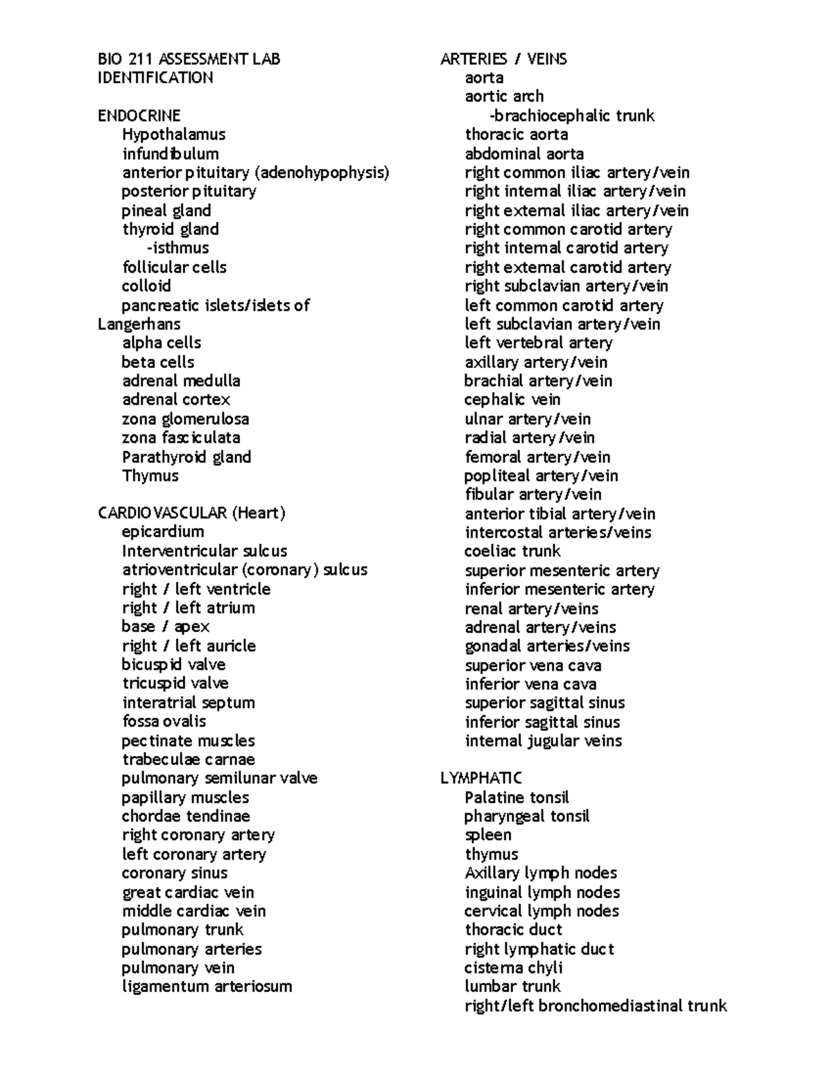 BIO 211 Lab Final Study Guide - BIO 211 ASSESSMENT LAB IDENTIFICATION ...