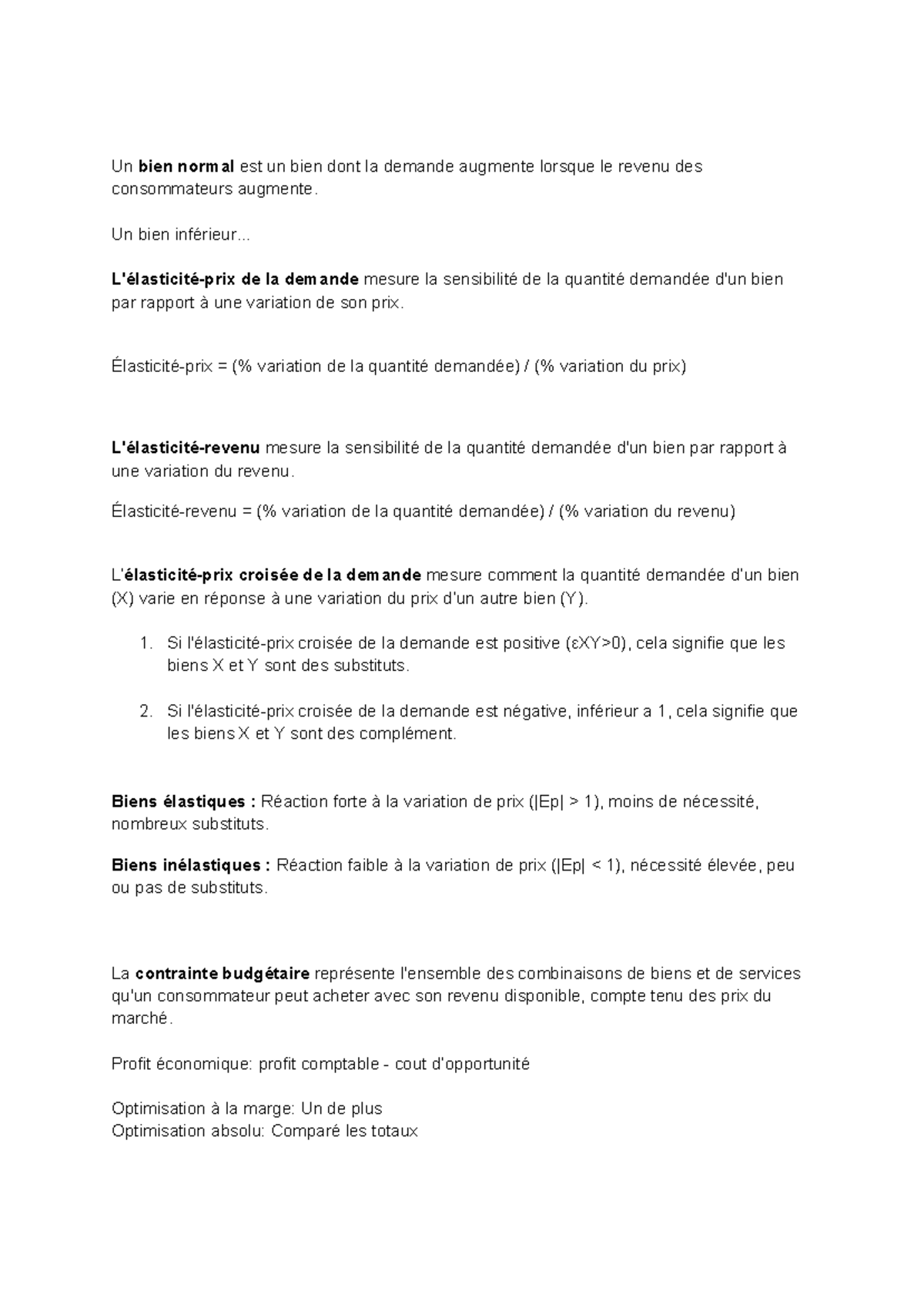 Notes d'examen - ECO 1300 - Un bien normal est un bien dont la demande ...