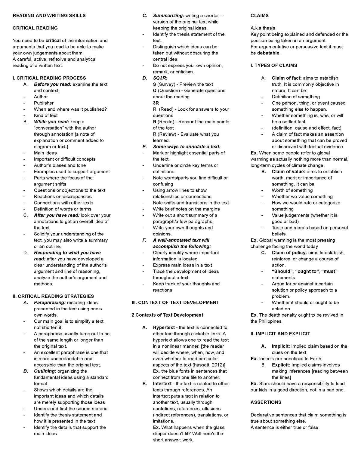 Reading AND Writing Skills 1 - READING AND WRITING SKILLS CRITICAL ...