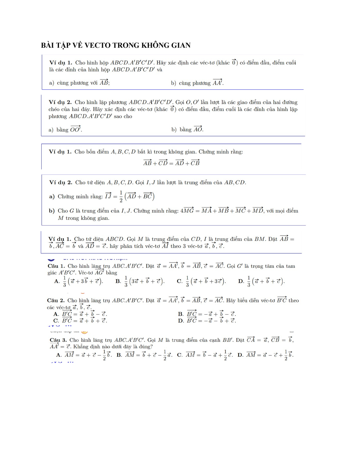 BÀI TẬP VỀ Vecto Trong Không GIAN - Đại số - BÀI TẬP VỀ VECTO TRONG ...