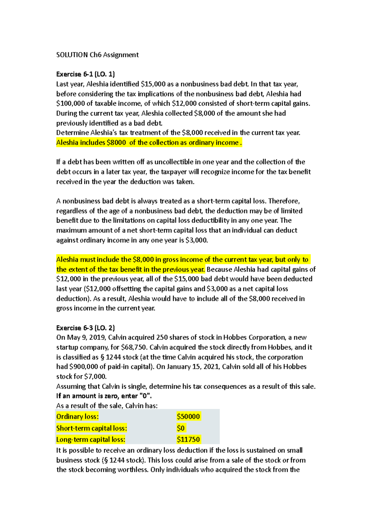 ACCT 3230 Ch6 Solution Assignment - SOLUTION Ch6 Assignment Exercise 6 ...