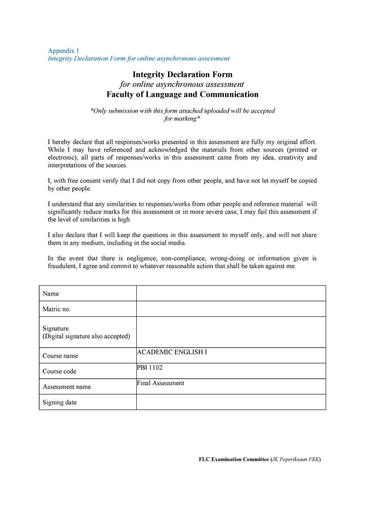 Final PBI - Essay - Appendix 1 Integrity Declaration Form for online ...