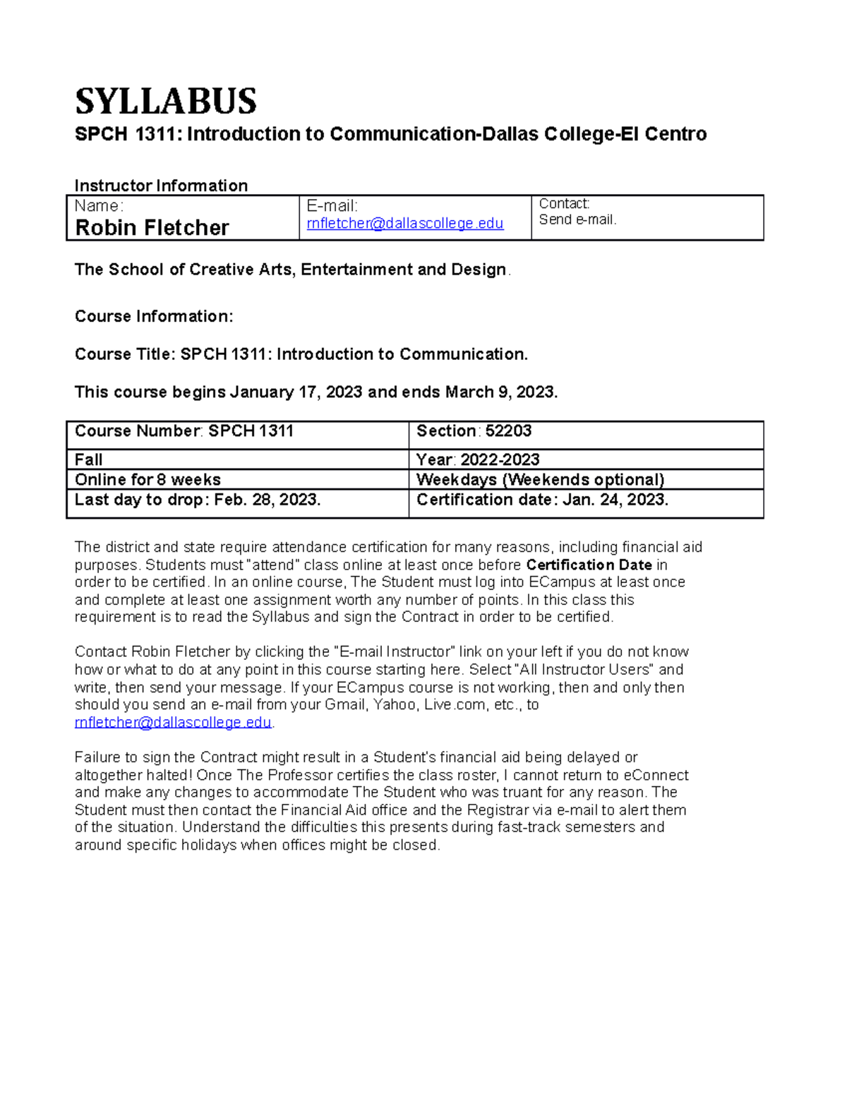 2023SP SPCH 1311 52203 Syllabus RF - SYLLABUS SPCH 1311: Introduction ...