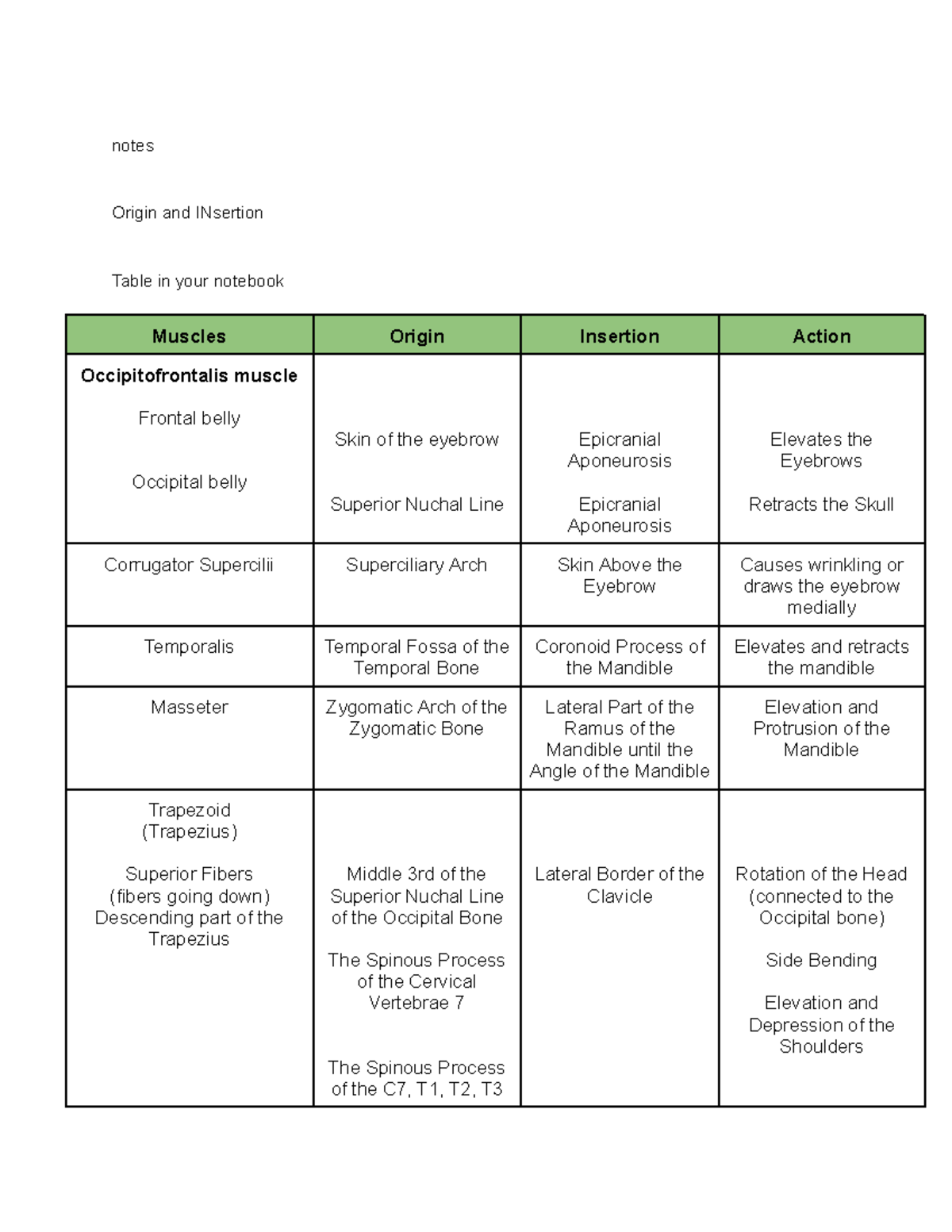Origin AND Insertion - notes Origin and INsertion Table in your ...