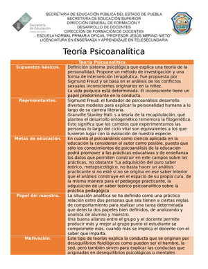 Teoría Psicoanalítica Licenciatura en Enseñanza y Aprendizaje en  Telesecundaria - SECRETARIA DE - Studocu