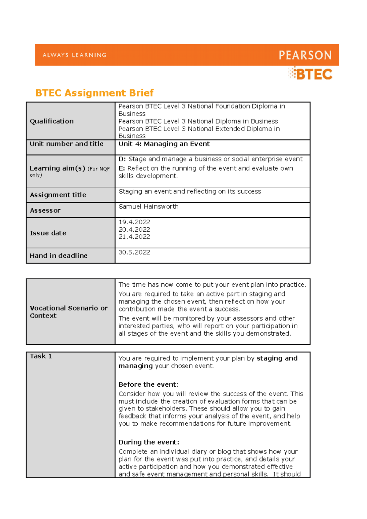 Authorised Assignment Brief LOD LOE - BTEC Assignment Brief ...