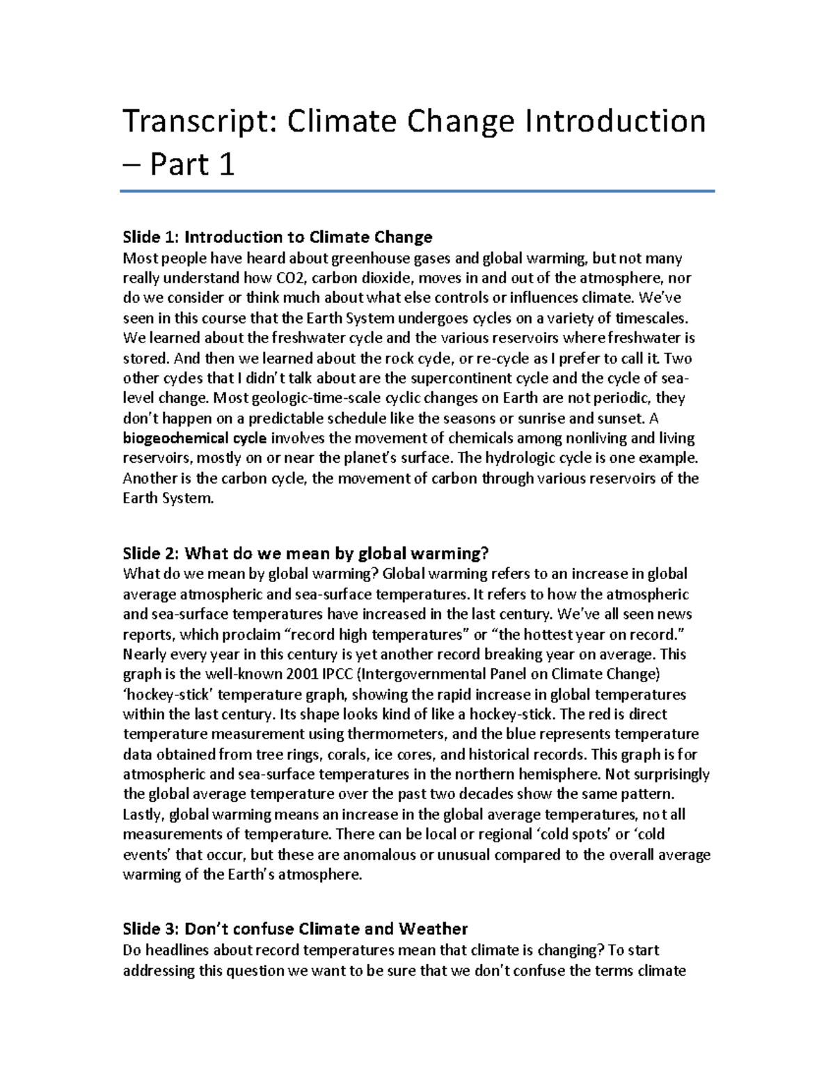 Audio Transcript-Climate Change Introduction-Part 1-GEOL-11040 ...