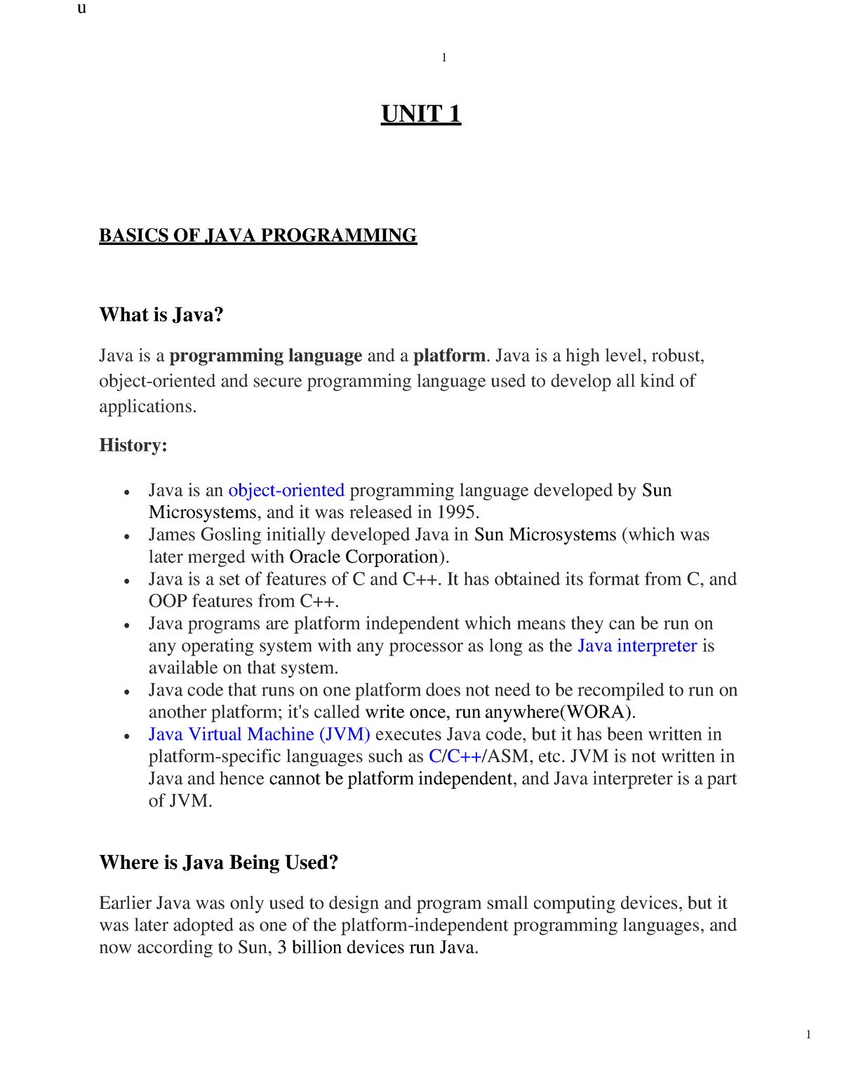 UNIT 1-Java - Notes - 1 U UNIT 1 BASICS OF JAVA PROGRAMMING What Is ...