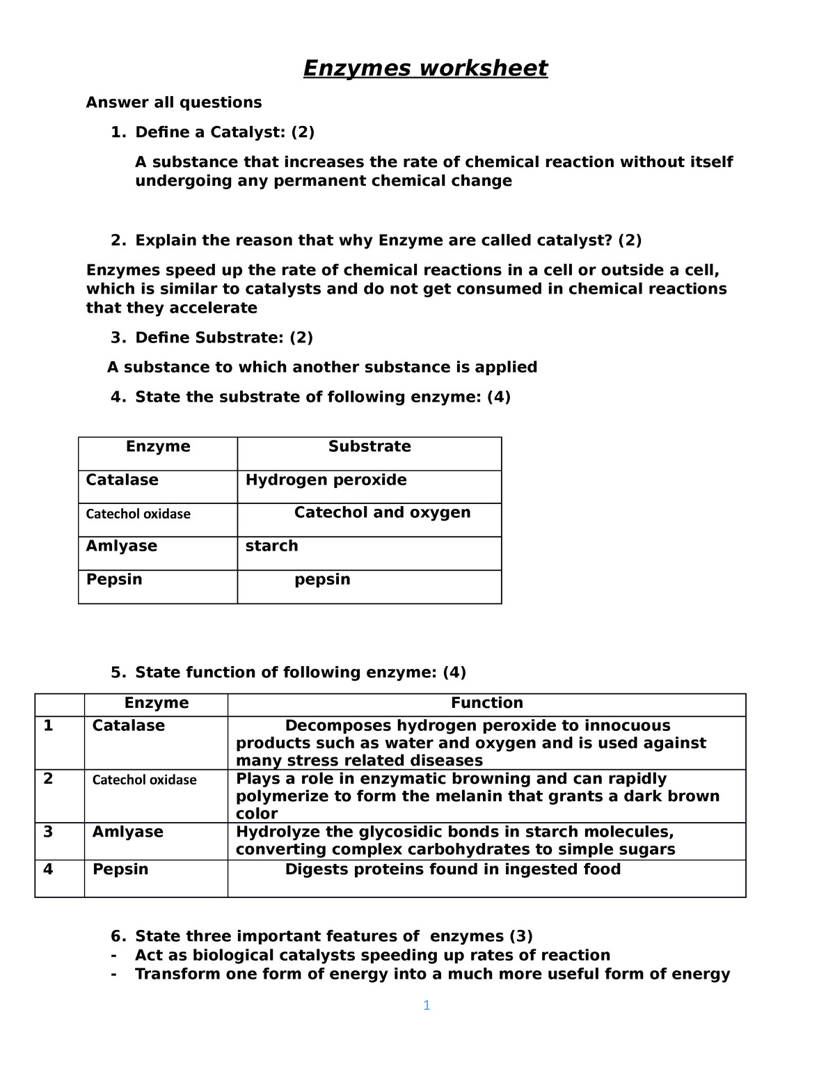 Enzymes worksheet - Enzymes worksheet Answer all questions Define Intended For Enzyme Reactions Worksheet Answer Key
