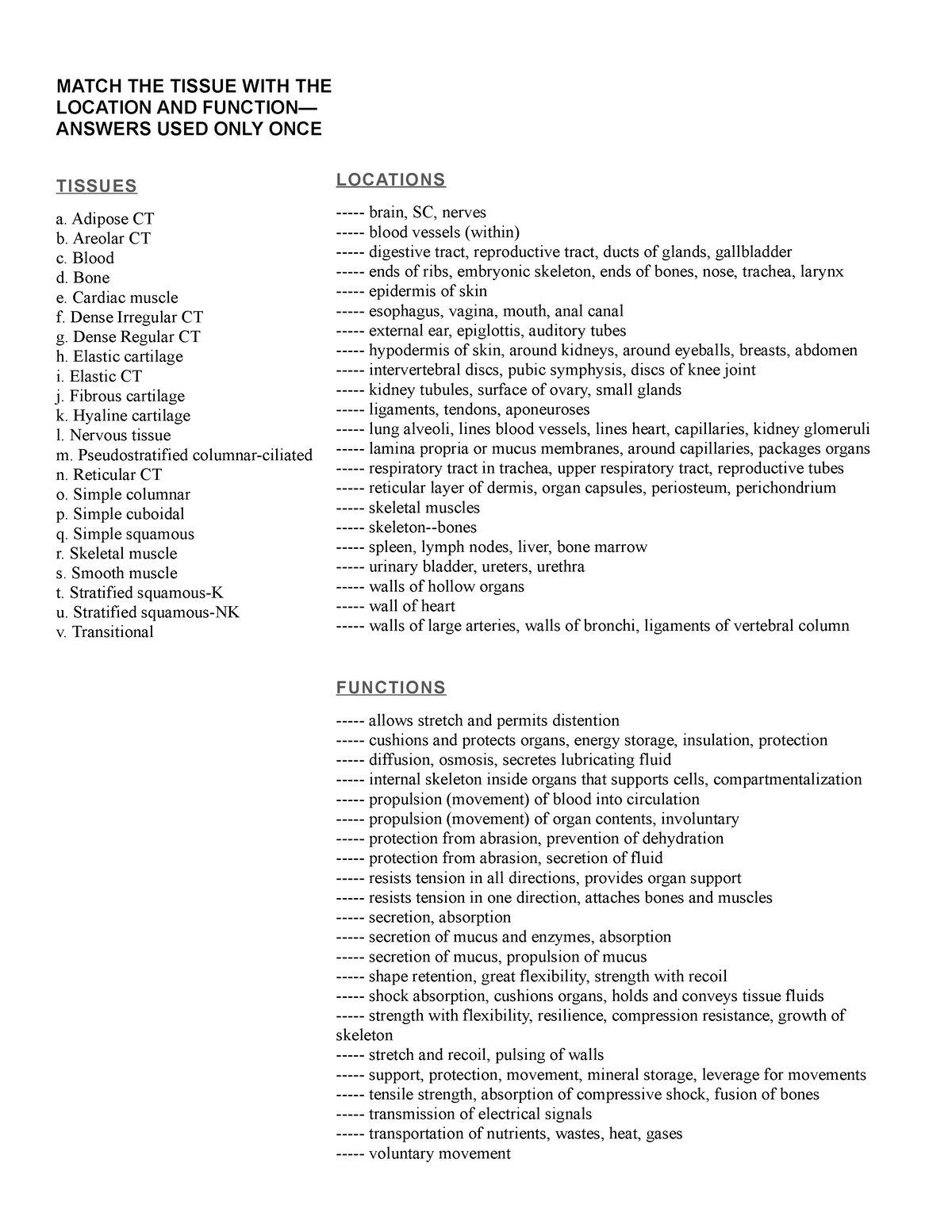 Match THE Tissue WITH THE Location AND Function-2019 - MATCH THE TISSUE ...