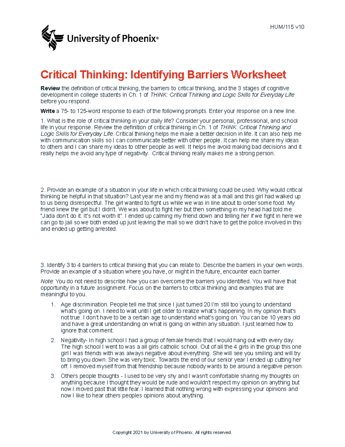 critical thinking identifying barriers worksheet