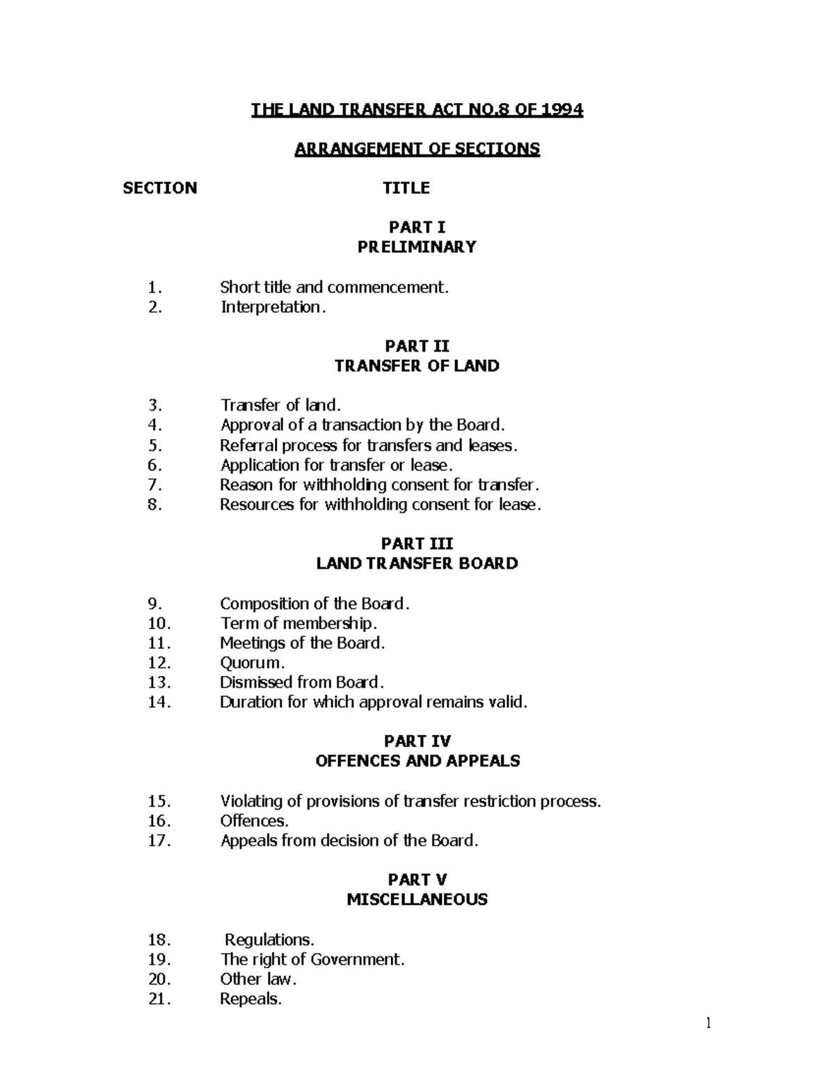 THE LAND Transfer ACT NO.8 OF 1994 THE LAND TRANSFER ACT NO OF 1994