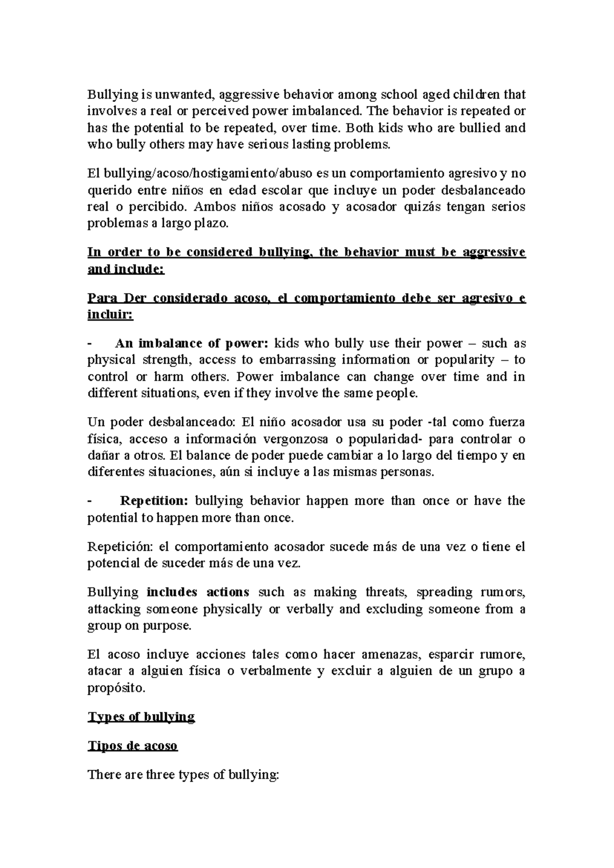 Bullying text - Bullying is unwanted, aggressive behavior among school ...