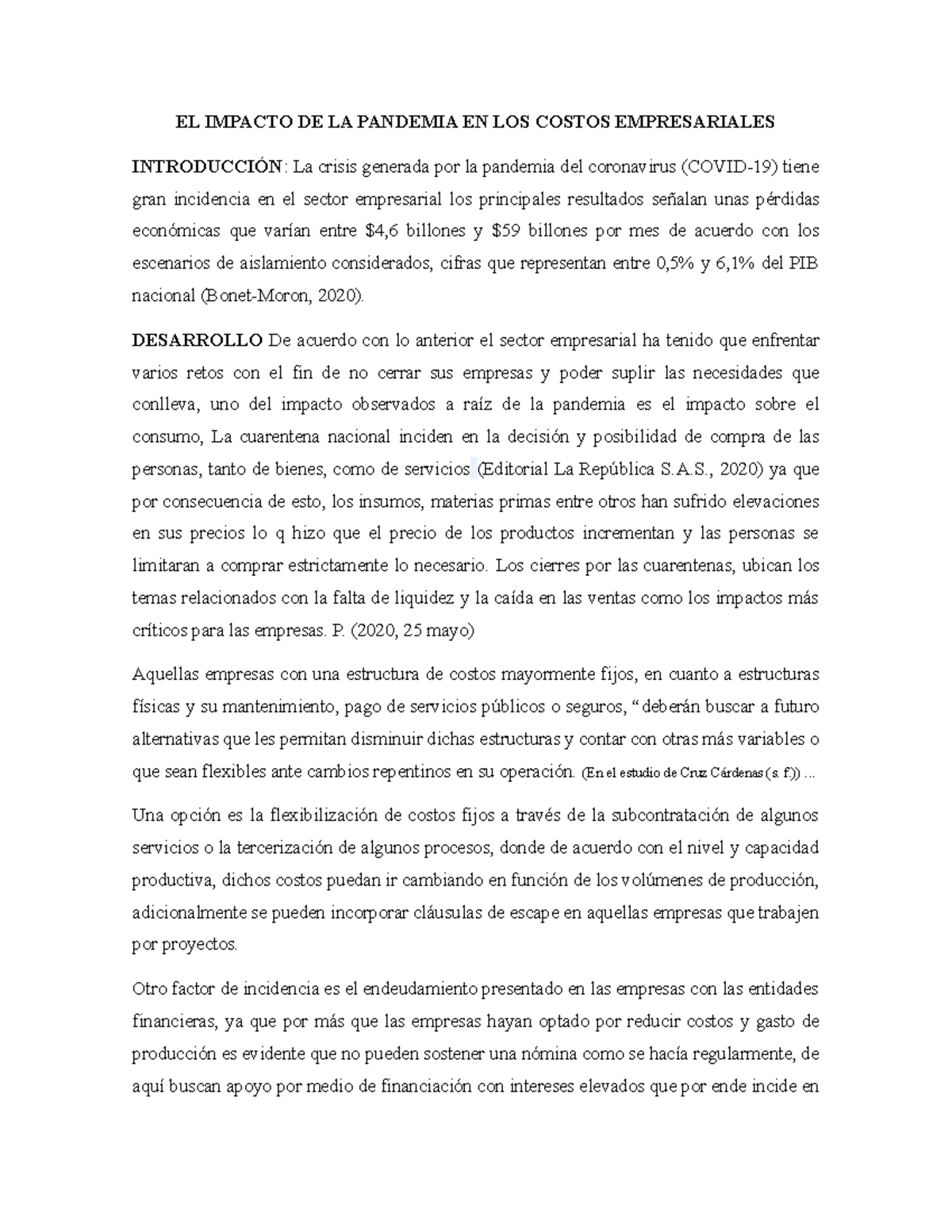 EL Impacto DE LA Pandemia EN LOS Costos Empresariales - EL IMPACTO DE ...