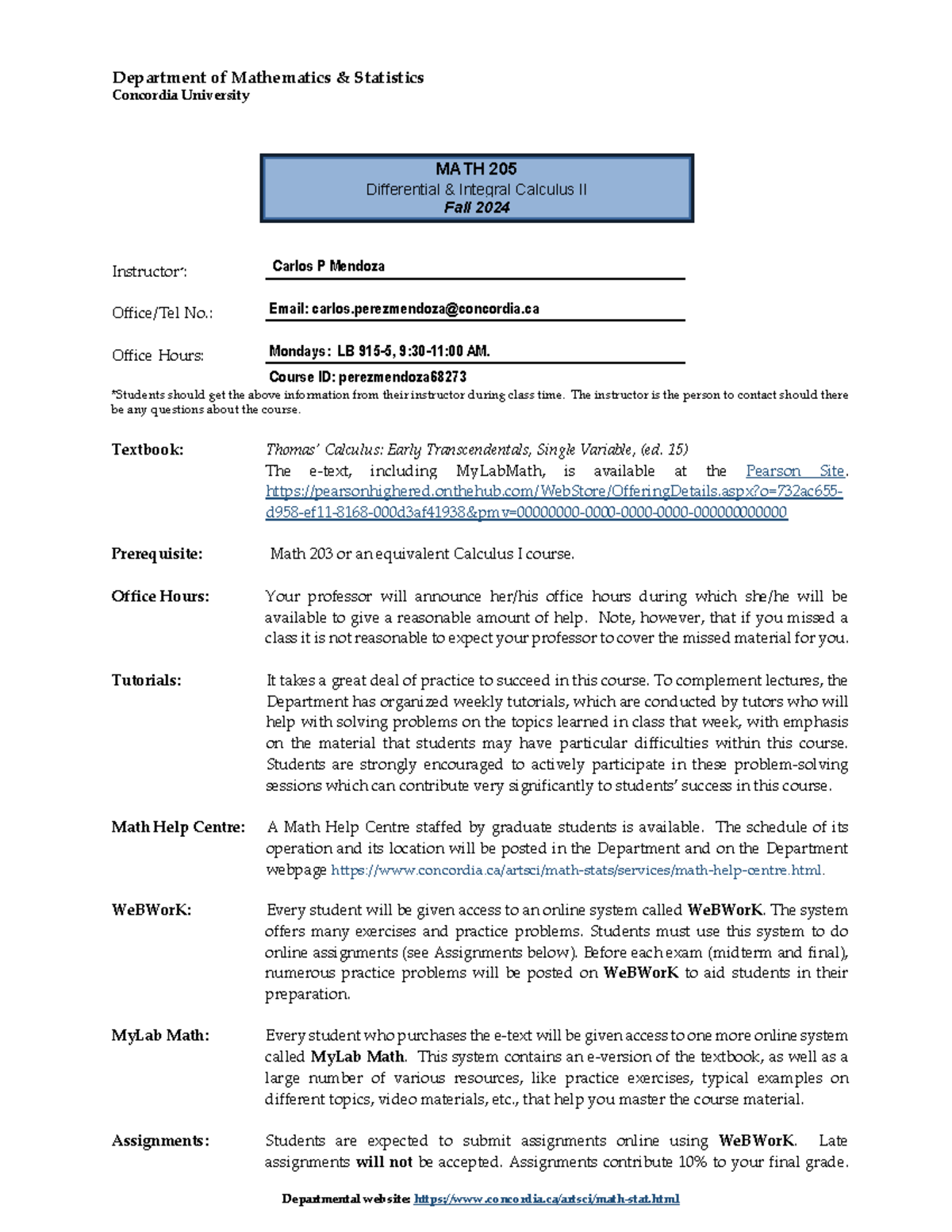 Course outline MATH205 - Departmental website: concordia/artsci/math ...