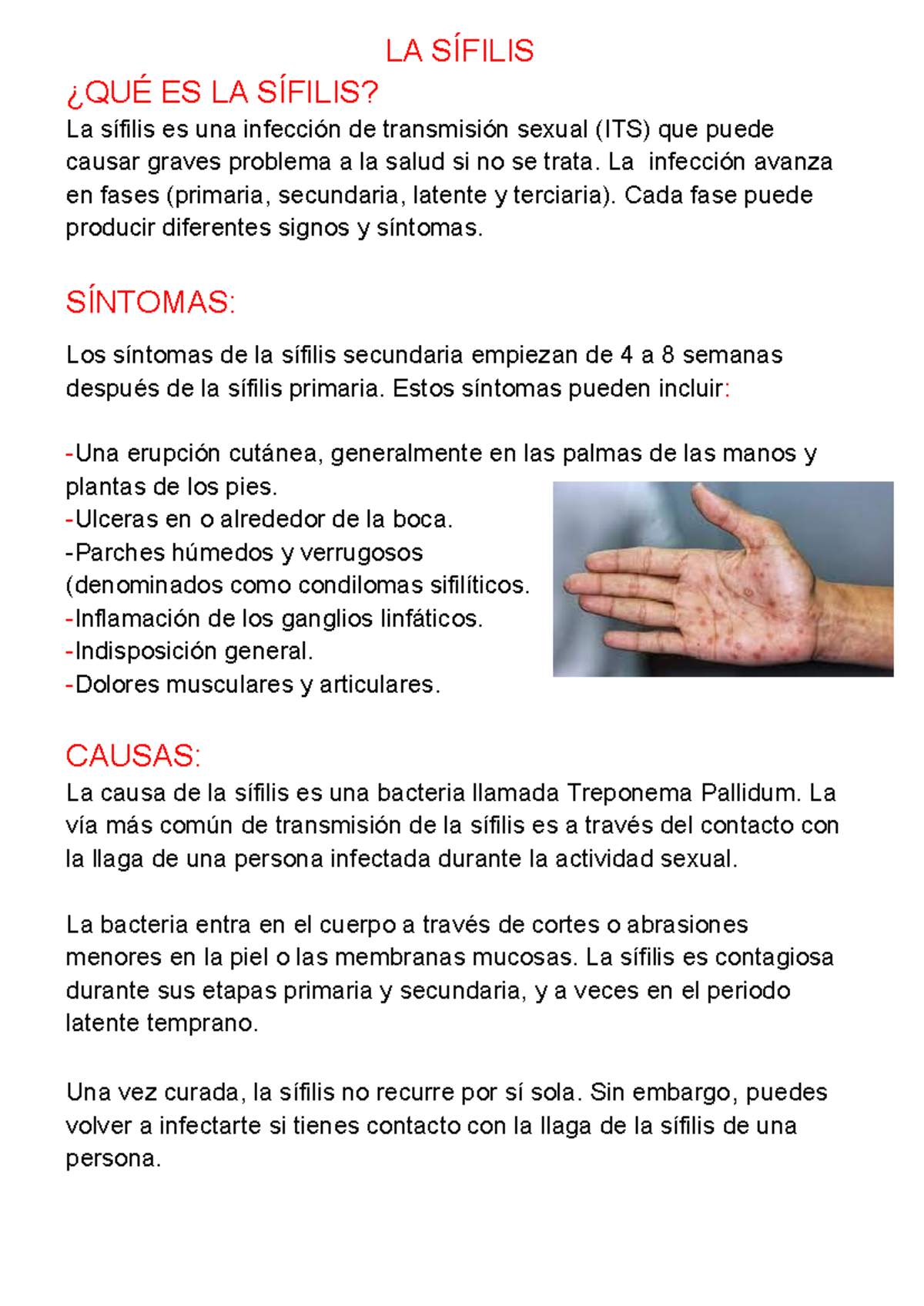 La sifilis - LA SÍFILIS ¿QUÉ ES LA SÍFILIS? La sífilis es una infección