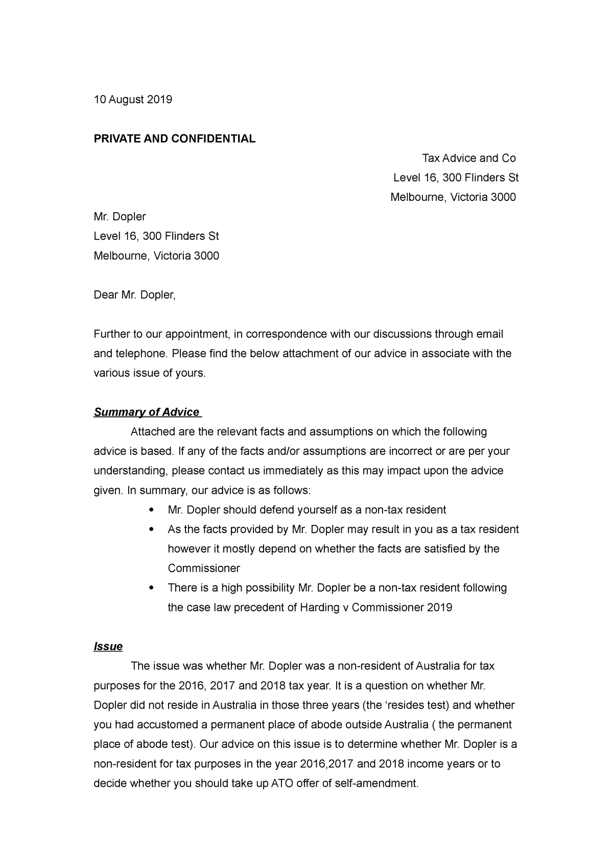 Assessment - Letter of Advice copy - 10 August 2019 PRIVATE AND ...