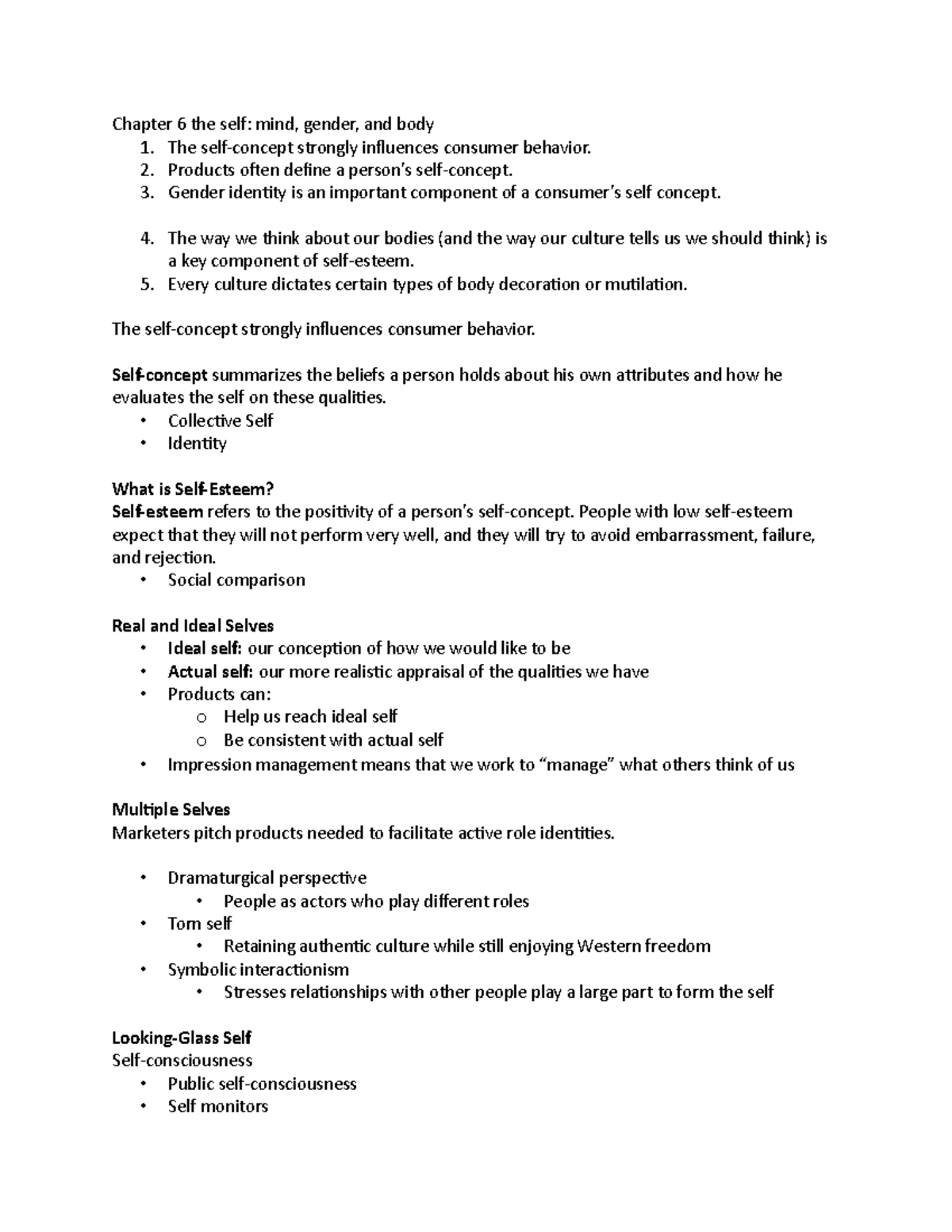Chapter 6 the self - Lecture notes 6 - Chapter 6 the self: mind, gender ...