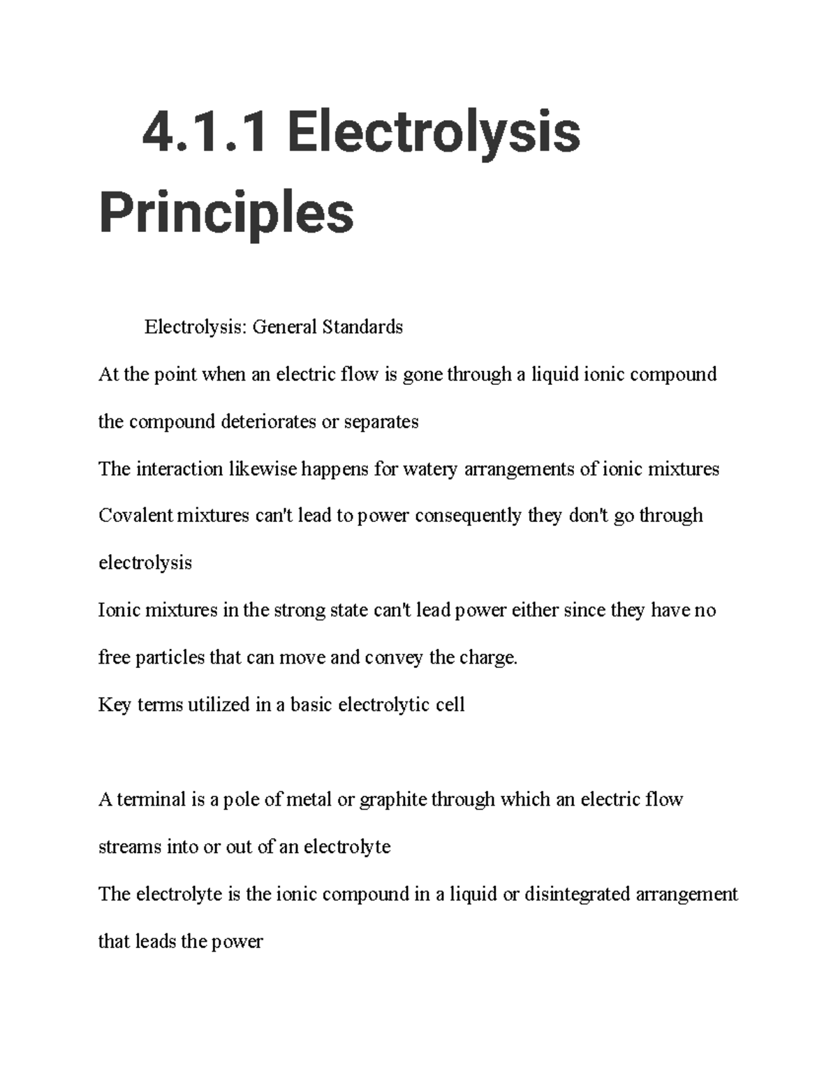 Electroylis - lecture notes - 4.1 Electrolysis Principles Electrolysis ...