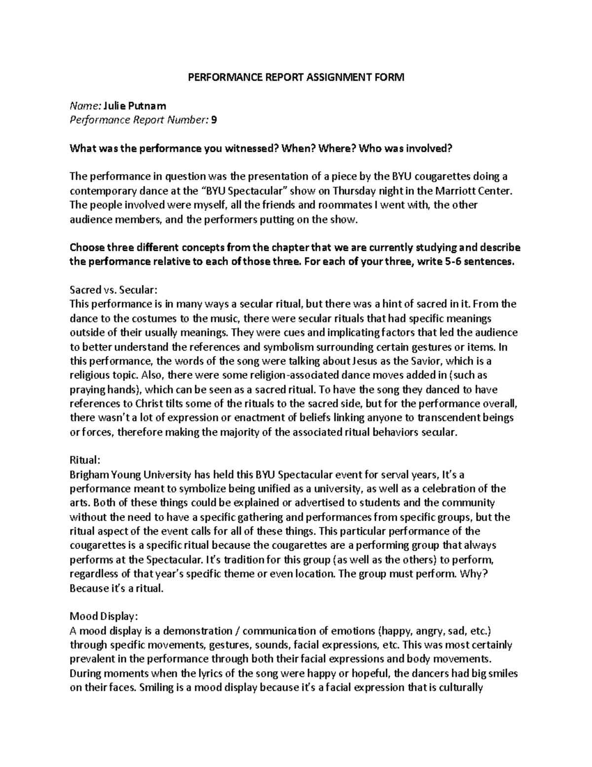 Intro to Performance Studies Performance Report 9 PERFORMANCE REPORT ASSIGNMENT FORM Name