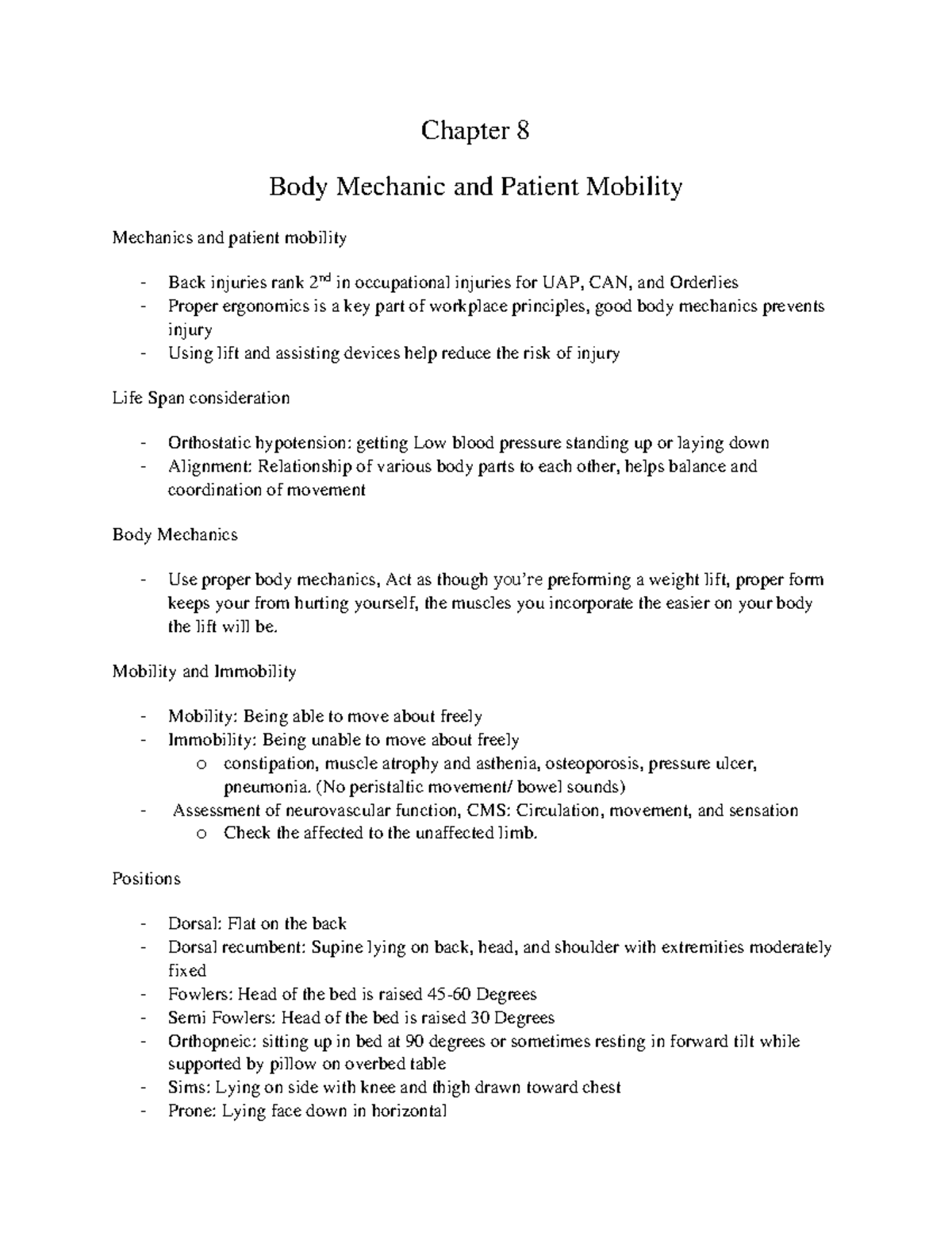 Chapter 8 Lecture Notes - Chapter 8 Body Mechanic And Patient Mobility ...