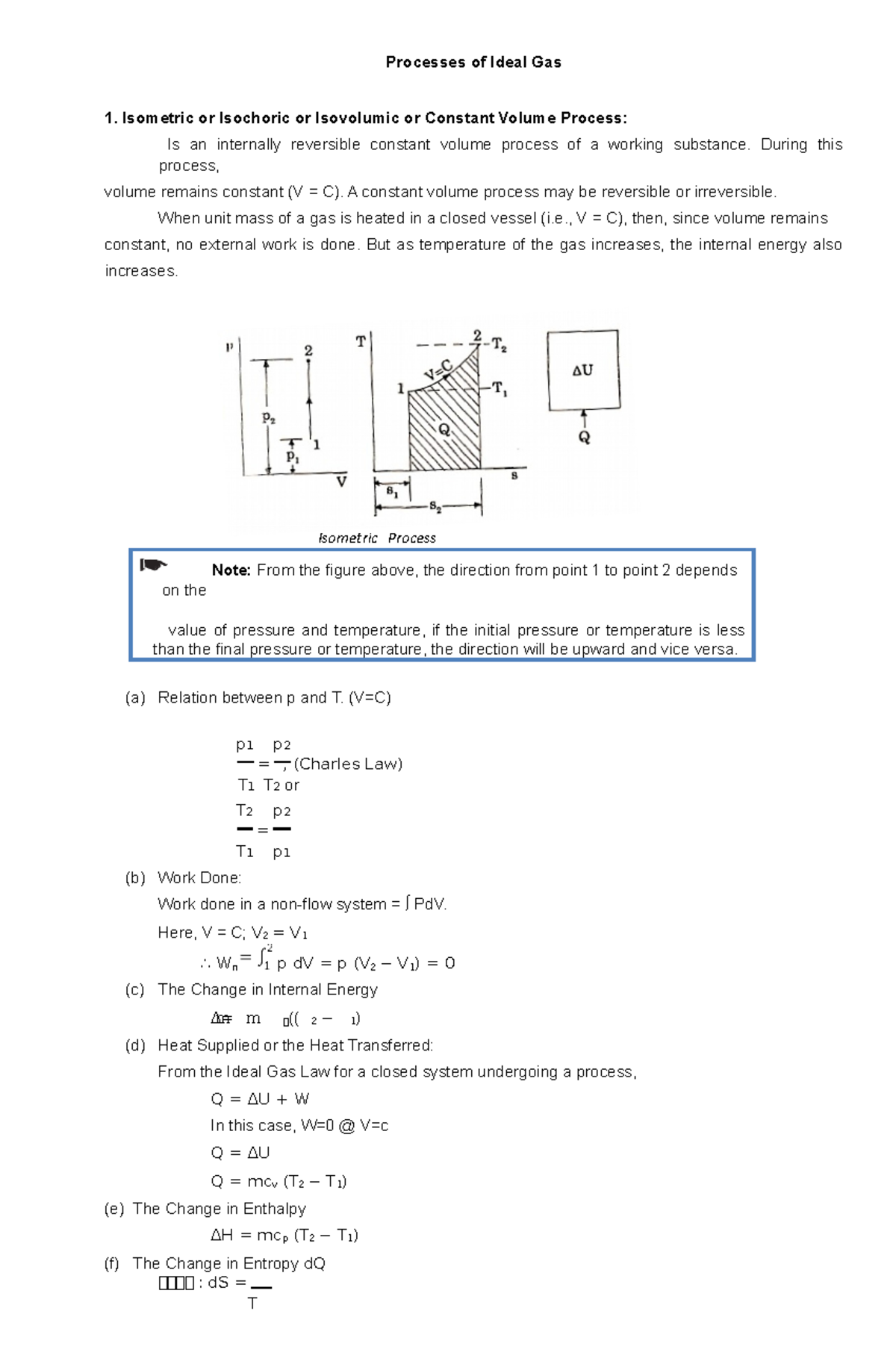 Processes of Ideal Gas - Processes of Ideal Gas Isometric or Isochoric ...