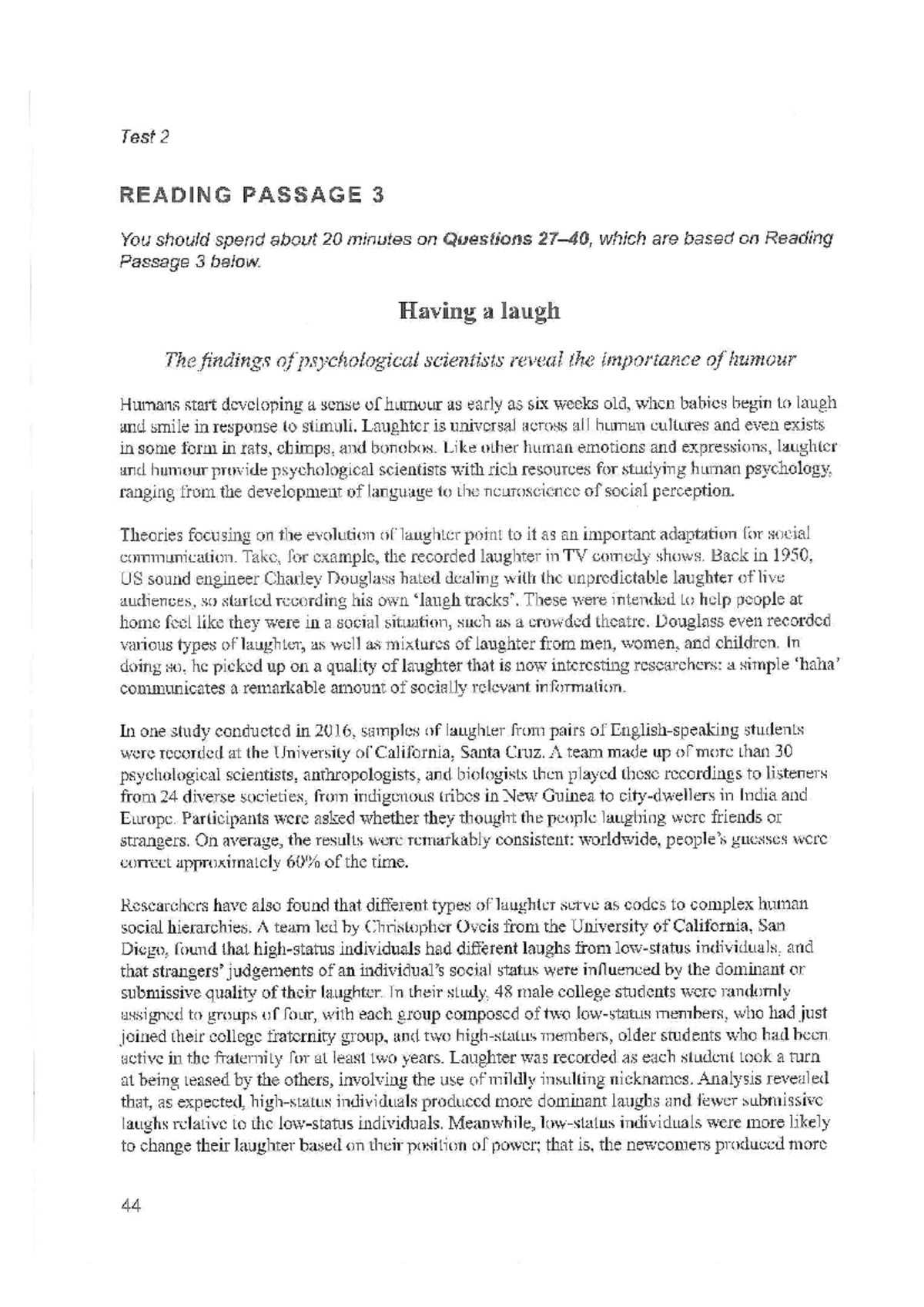 Having a laugh B15 T2 P3 - Practice questions - Test 2 READING PASSAGE ...