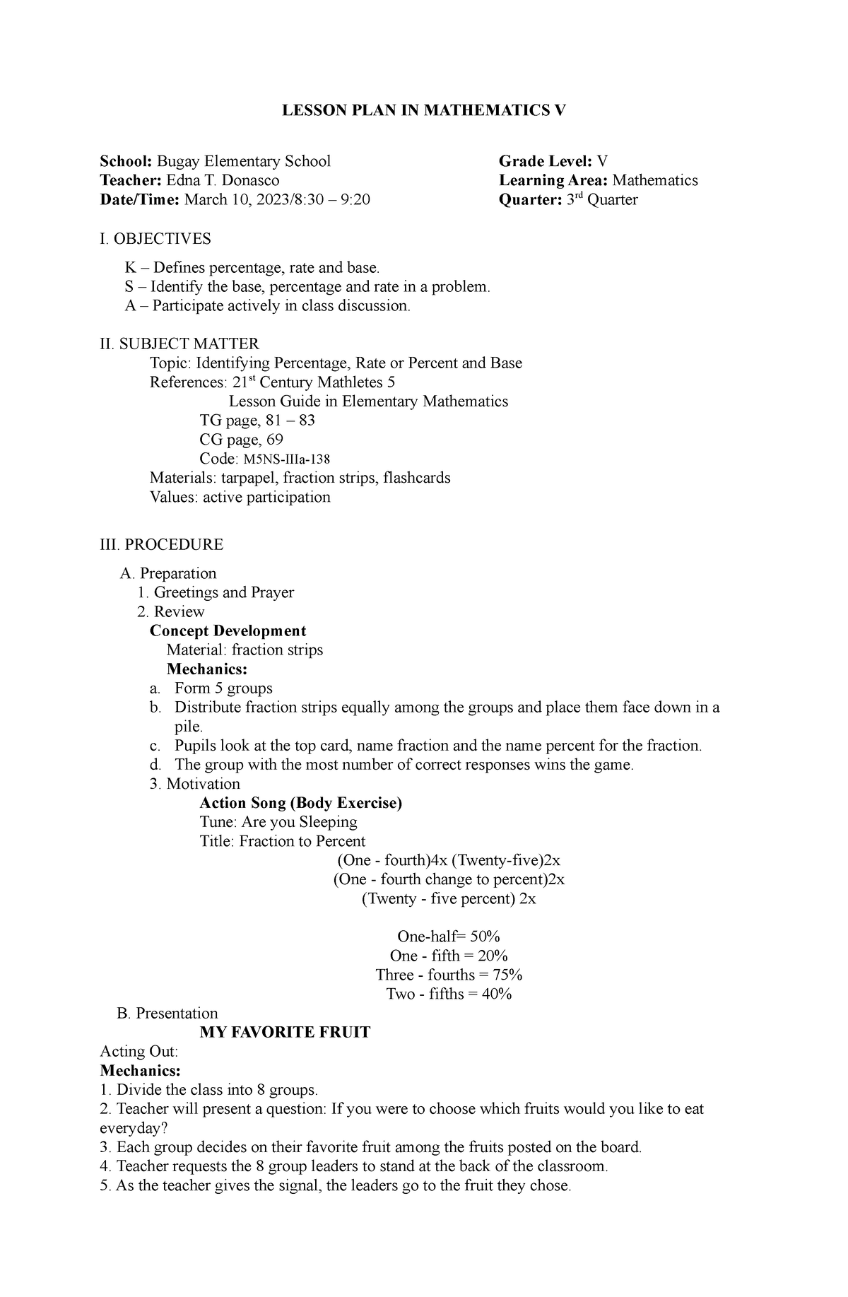 CO Quarter 3 - Math - LESSON PLAN IN MATHEMATICS V School: Bugay ...