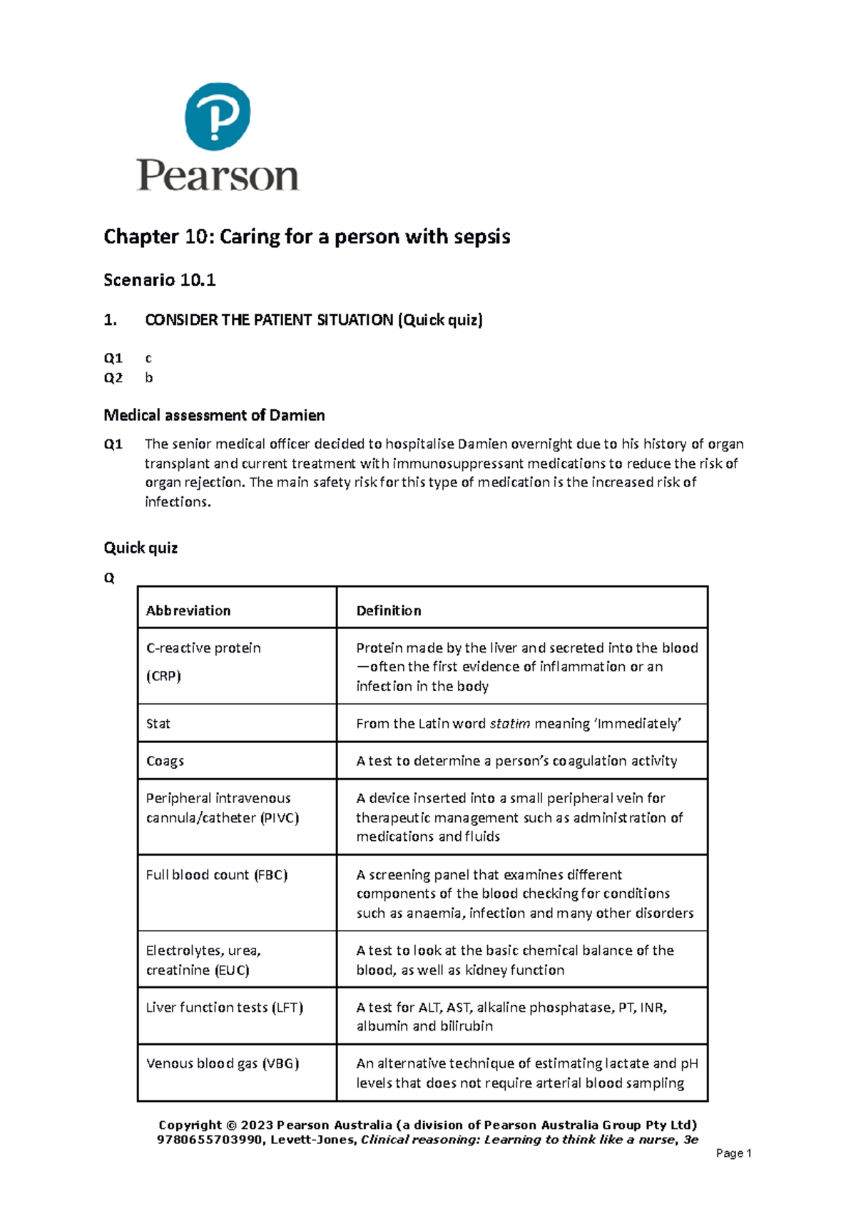 Chapter 10 Answers Clinical Reasoning Learning to think like a nurse 3rd edition Chapter 10