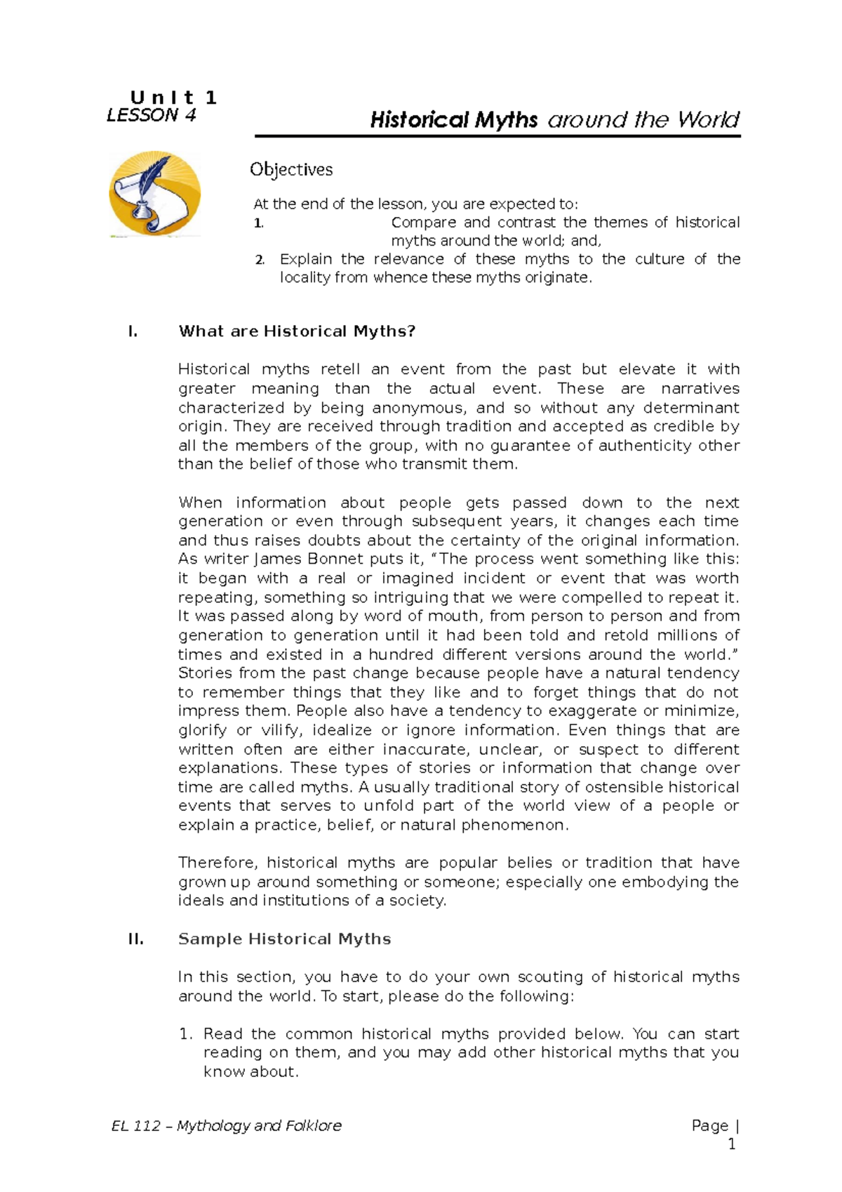Mythology Course File 4 - Historical Myths around the World Objectives ...