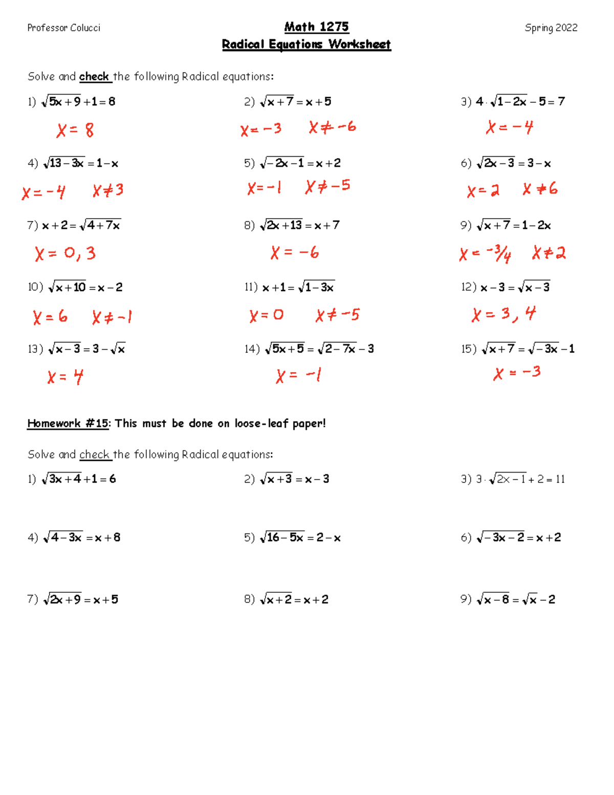 15 Radical Eqns Professor Colucci Math 1275 Spring 2022 Radical