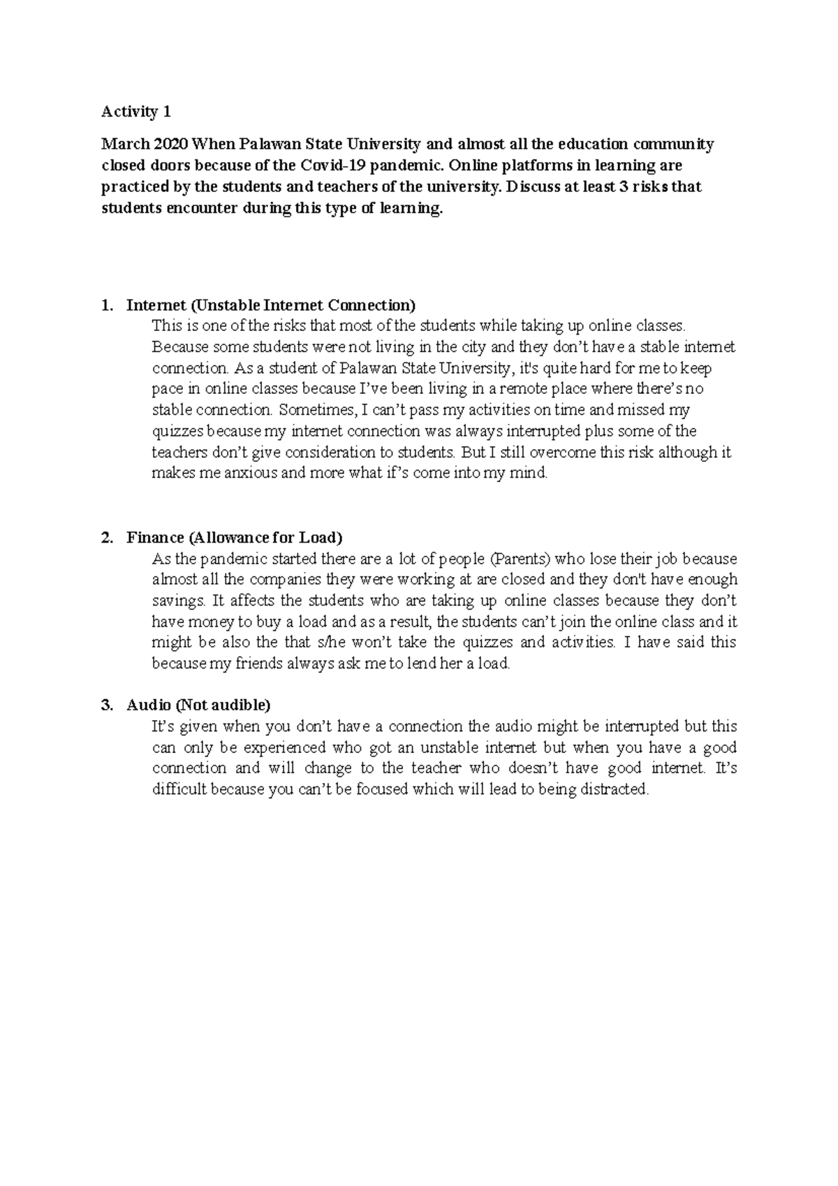 Activity 1 Risk Management - Activity 1 March 2020 When Palawan State ...