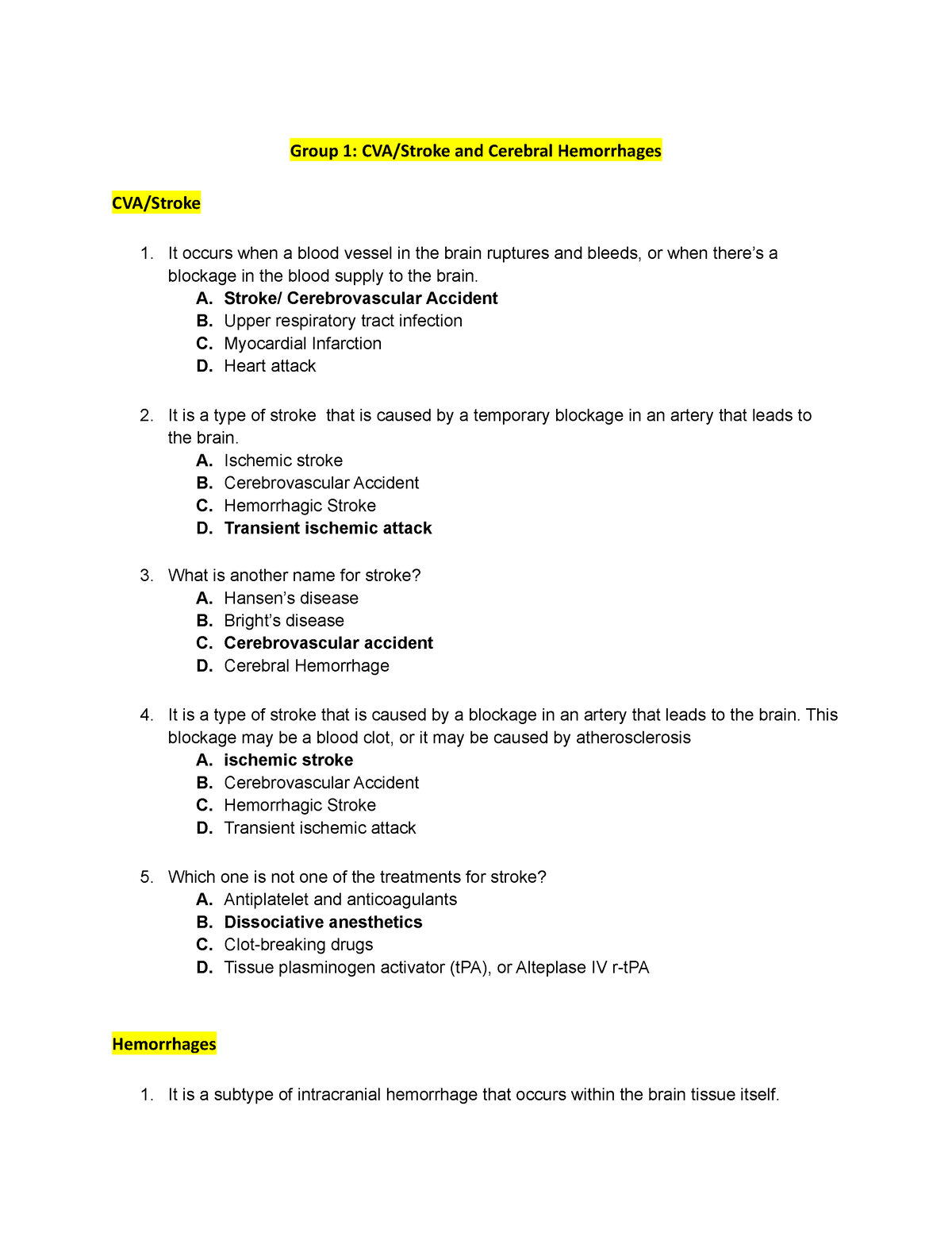 Com-APP-Prelim Pretest Post Test - Group 1: CVA/Stroke and Cerebral ...