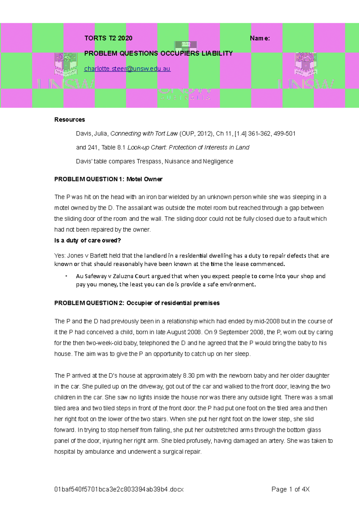 Problem Question Occupiers Liability Torts T2 2020 - LAWS1061 - UNSW ...
